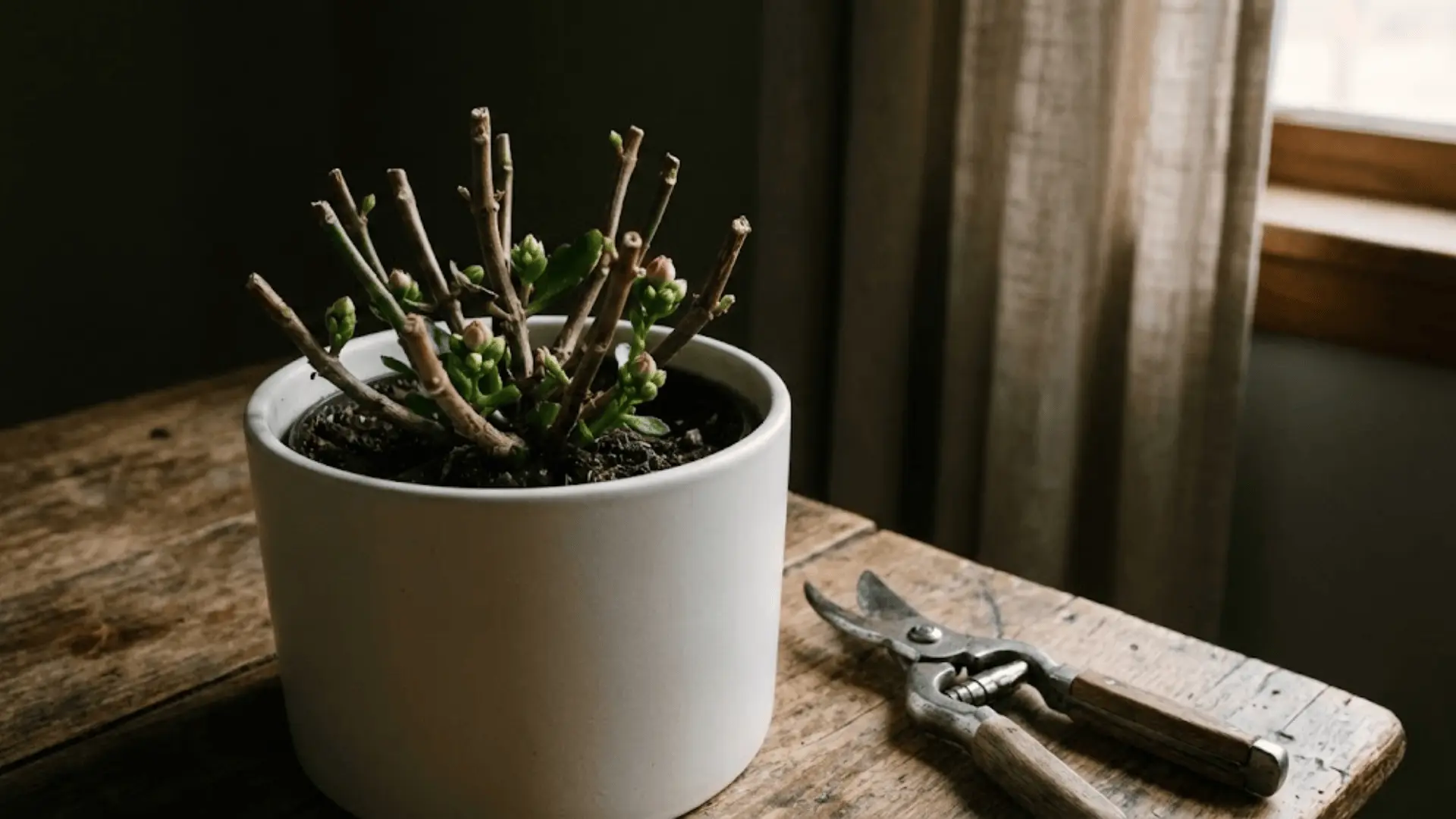calandiva plant with trimmed stems and new buds emerging, placed in a dimly lit corner during reblooming rest period
