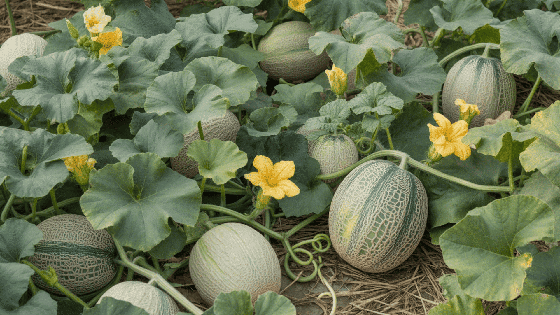 cantaloupe melon vines with lobed leaves and developing netted fruits showing characteristic rind texture