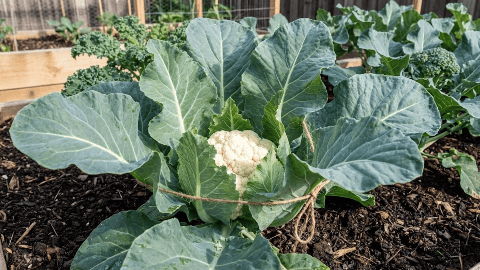 cauliflower with white curd forming surrounded by protective blue green leaves in garden