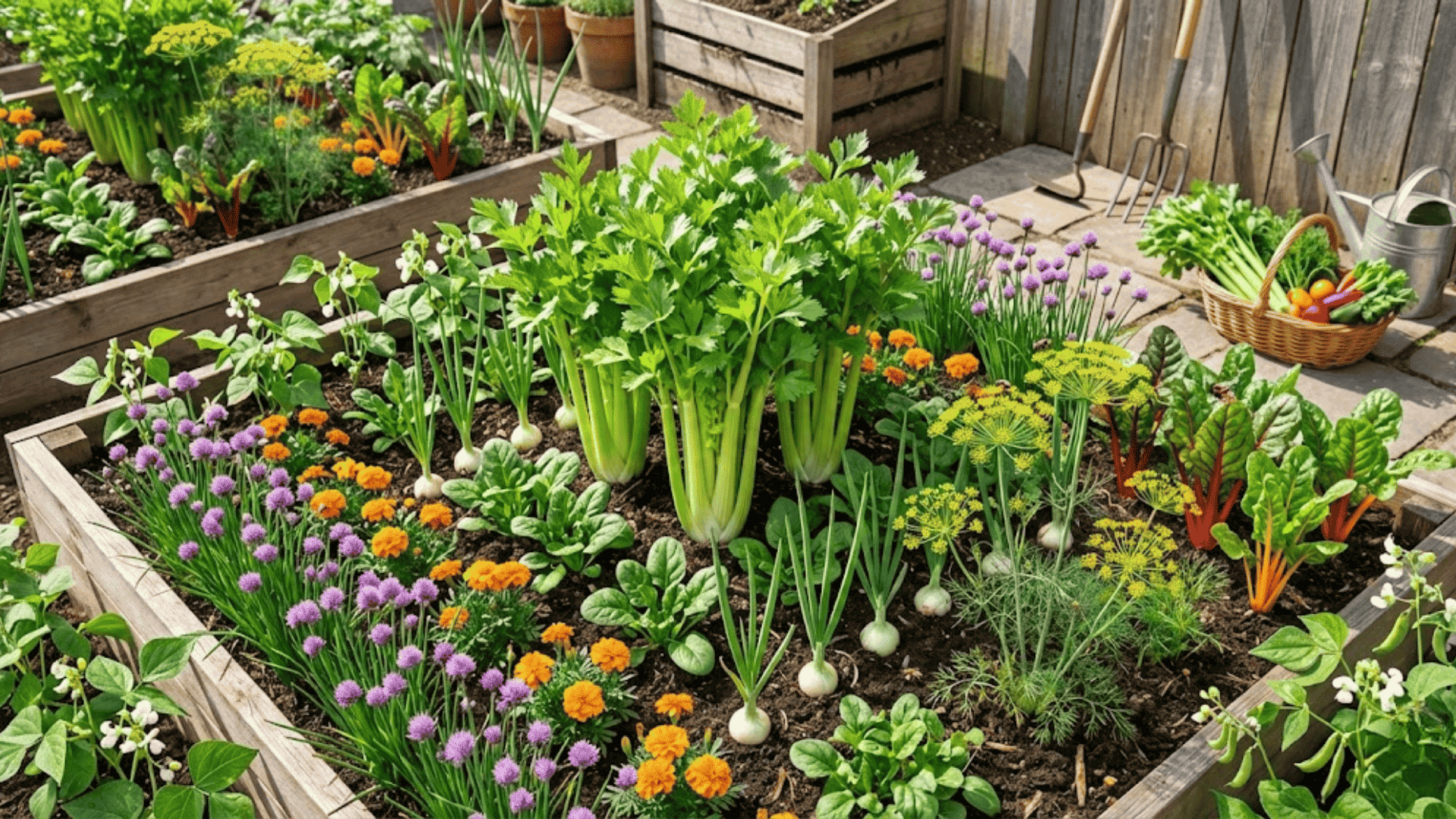 celery growing with multiple companion plants including chives marigolds and swiss chard in diverse raised bed garden