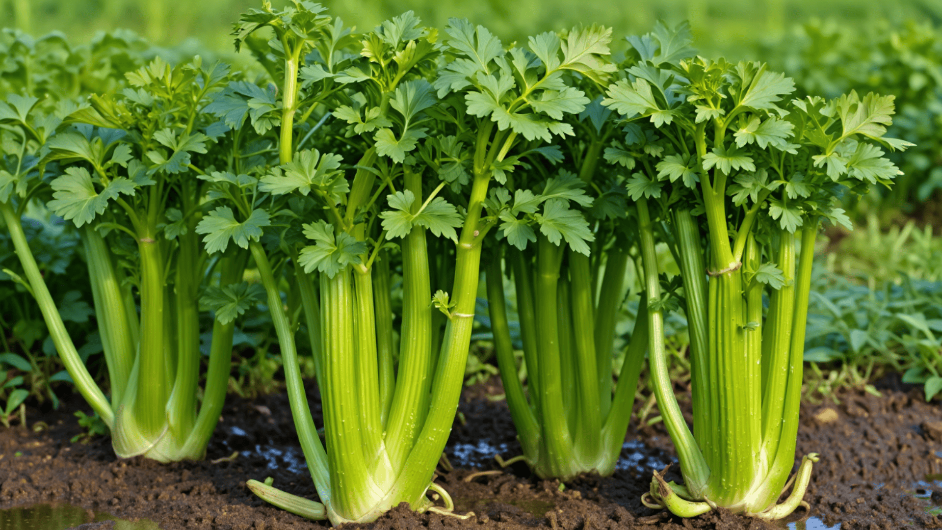 celery plants with thick ribbed pale green stalks and bushy compound leaves growing upright in garden