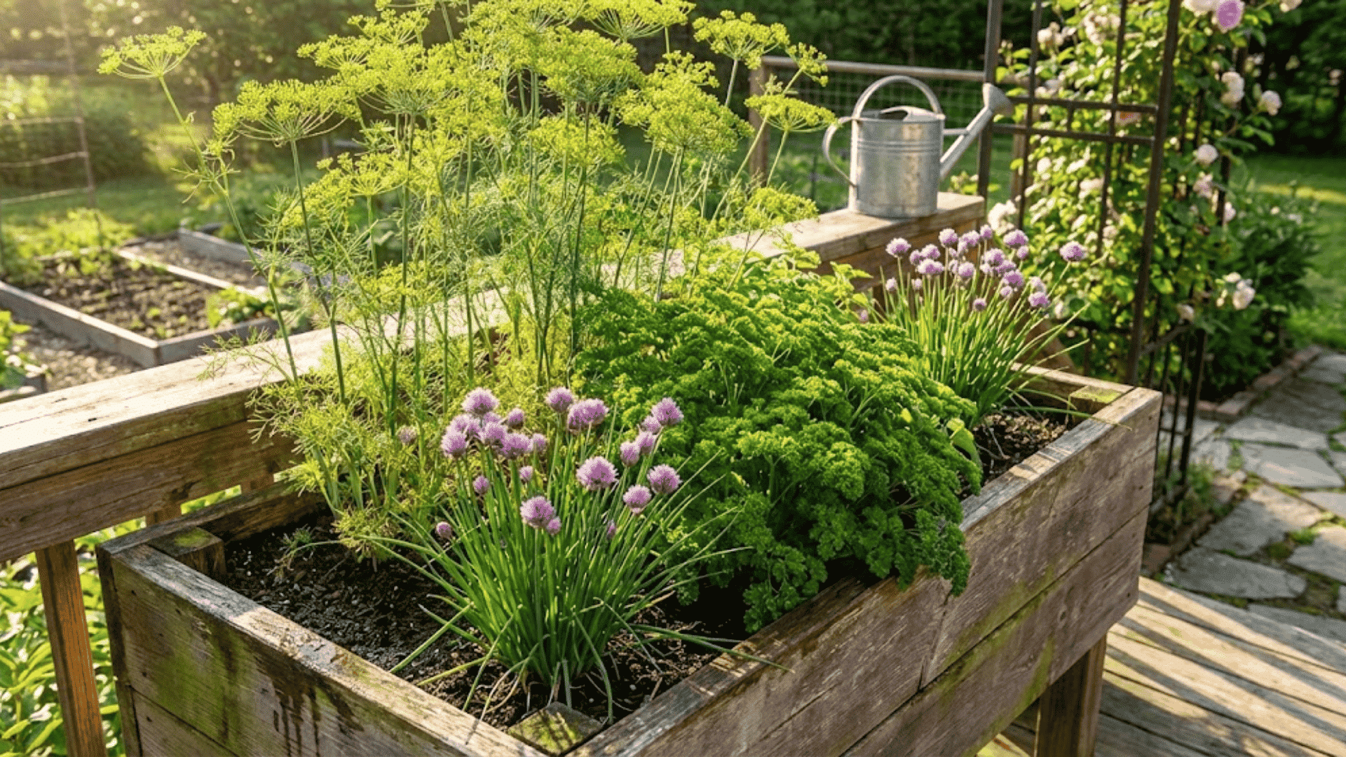 chives parsley and dill herbs growing in wooden planter box on deck with layered arrangement