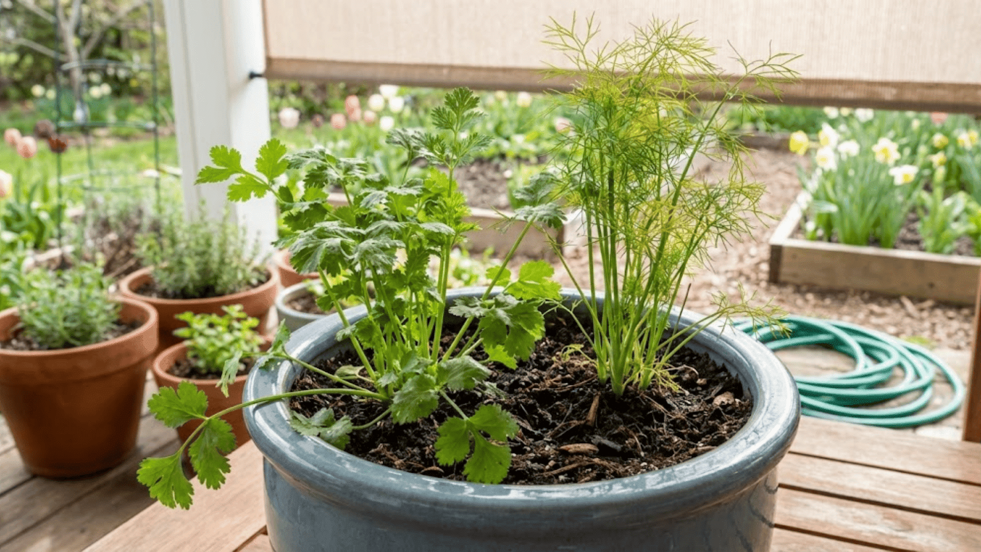cilantro and dill herbs with feathery foliage growing in blue glazed pot on covered porch