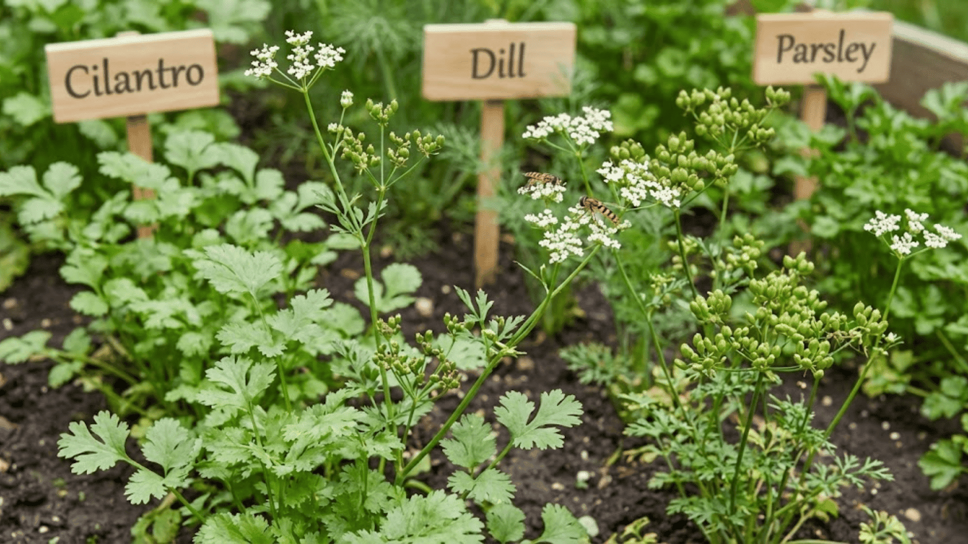cilantro with lacy leaves and white flower clusters attracting hoverflies in herb garden