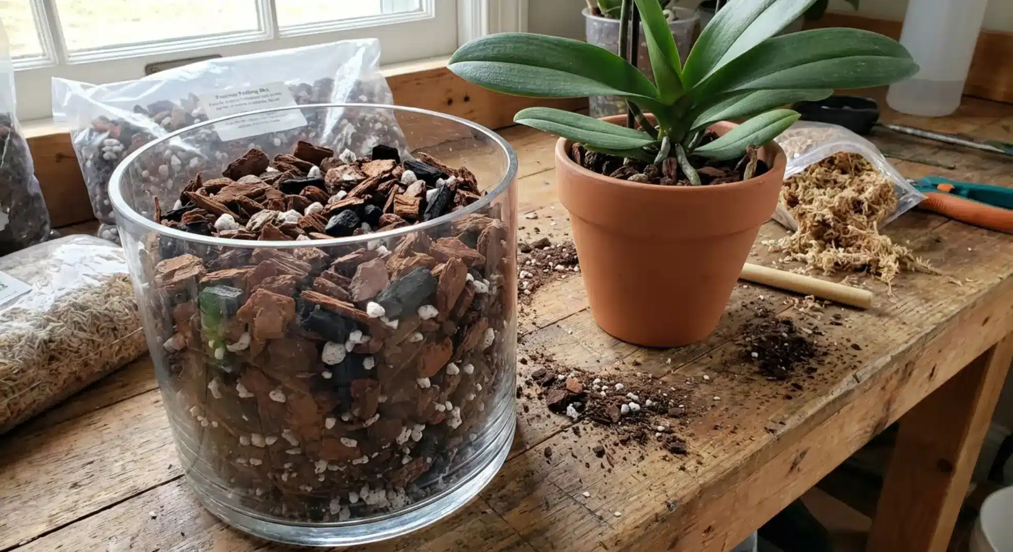 clear container showing orchid bark potting mix with chunky pieces and materials