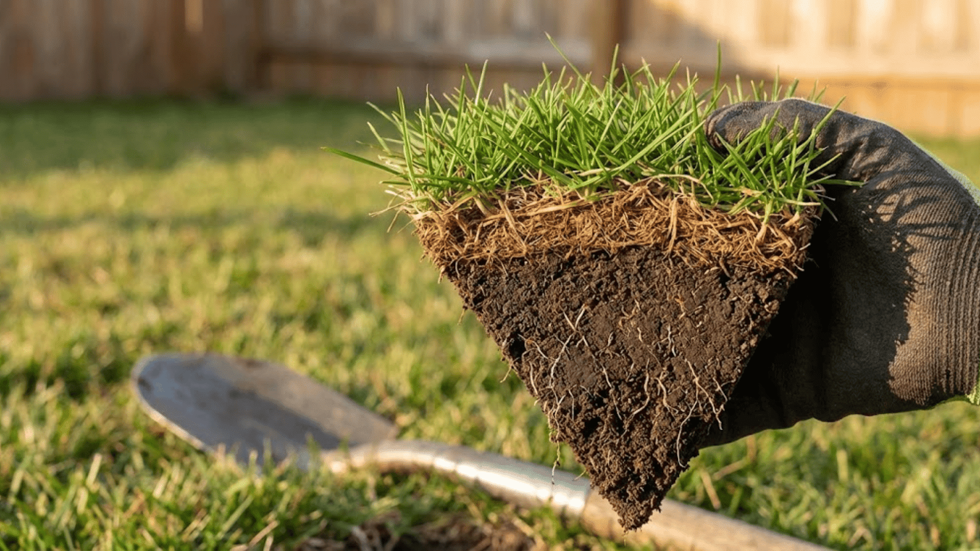 close-up of lawn soil wedge showing grass layer, brown thatch buildup, and dark soil with roots