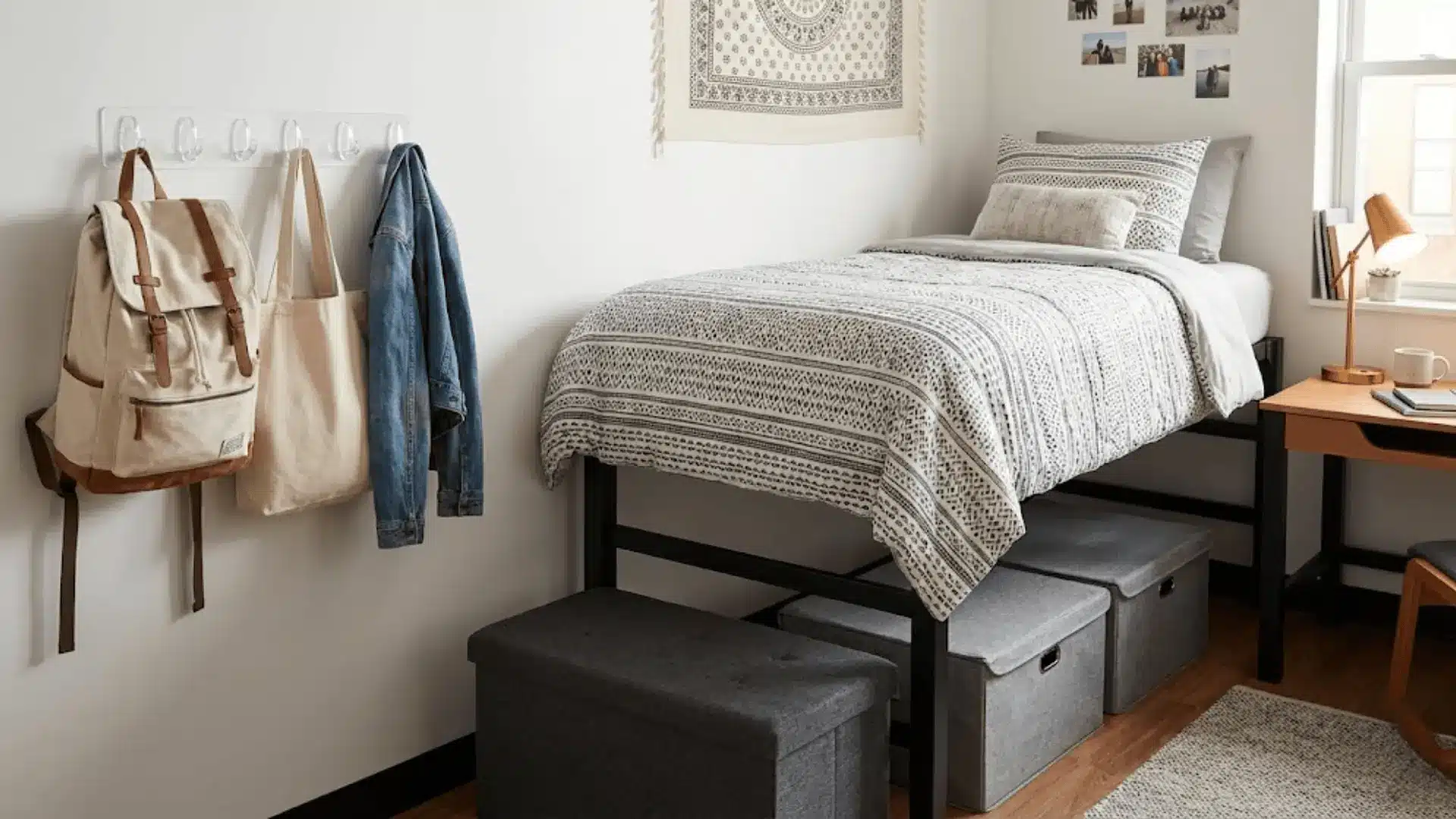 college dorm room with bed risers, under-bed storage, command hooks, and fabric ottoman in a cozy setup