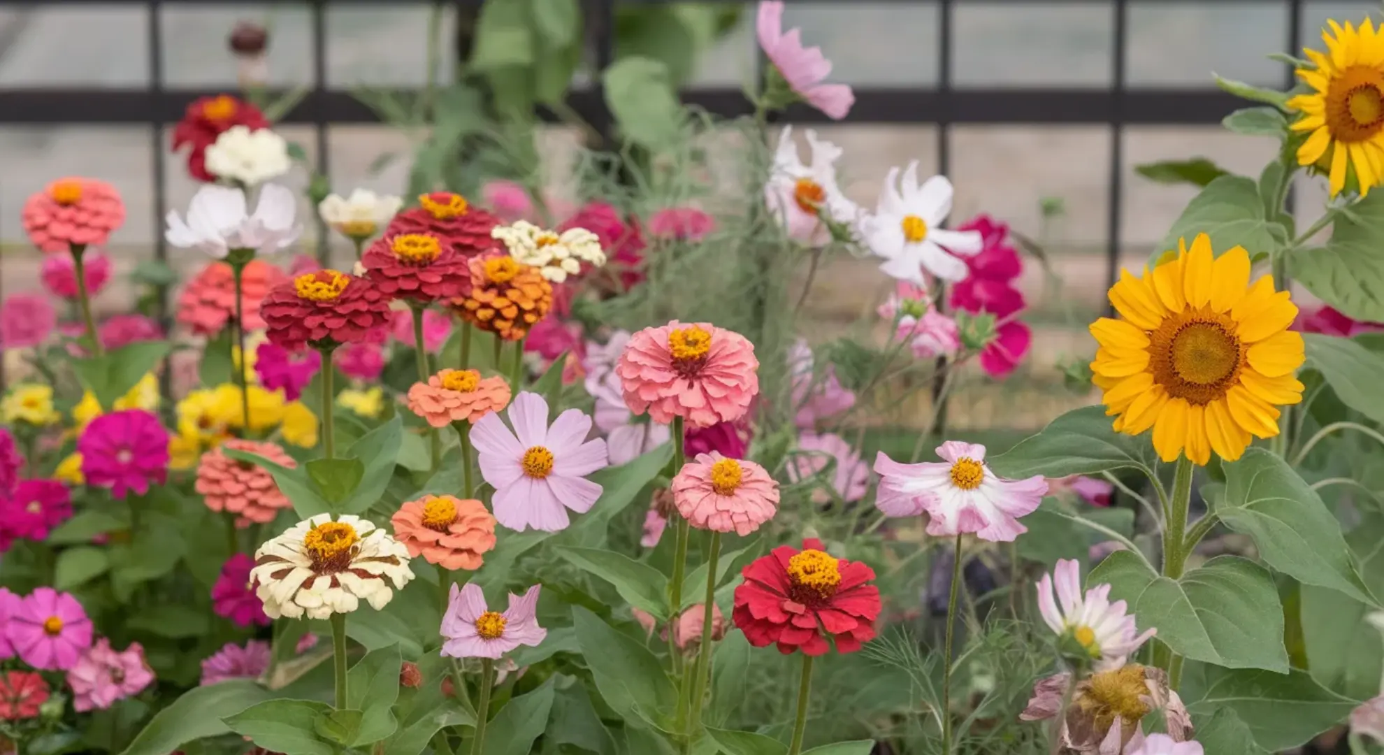 colorful annual flowers including zinnias, cosmos and sunflowers blooming in sunny garden bed