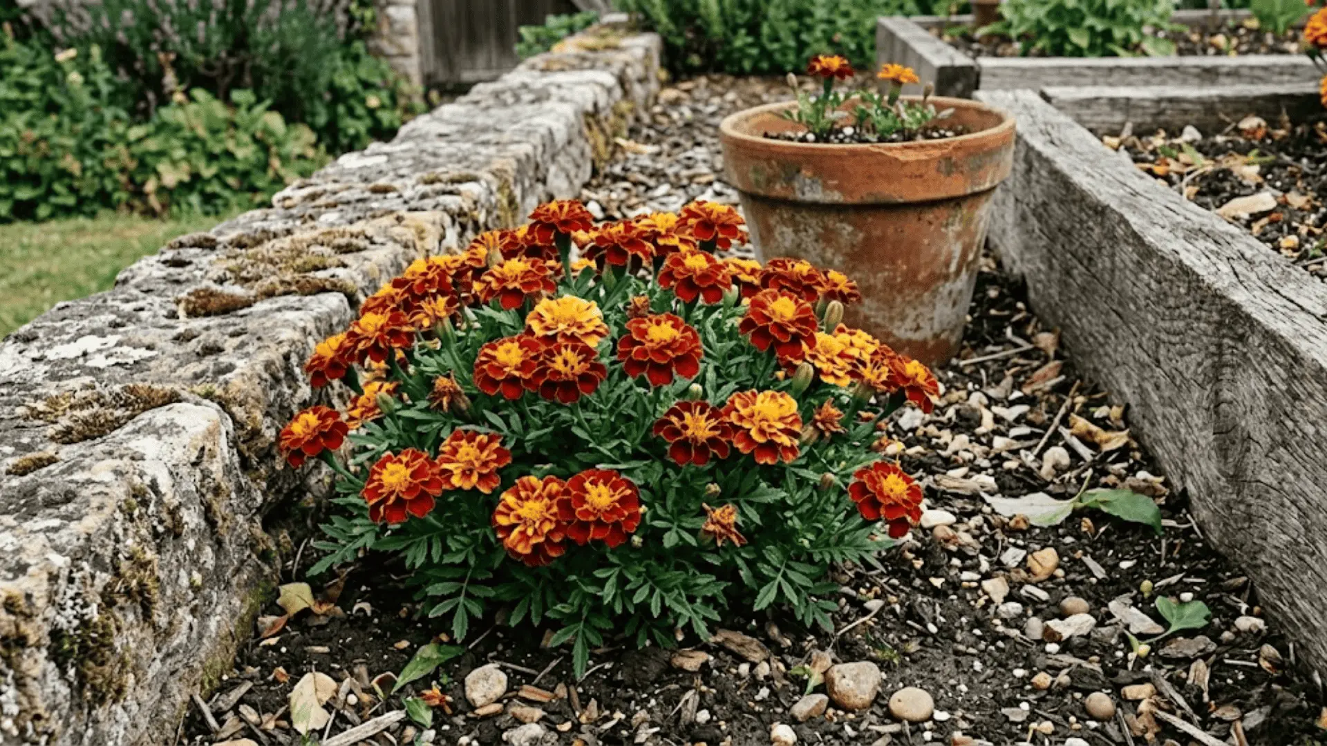 compact french marigolds in red and yellow blooming along a weathered stone border in a cottage garden