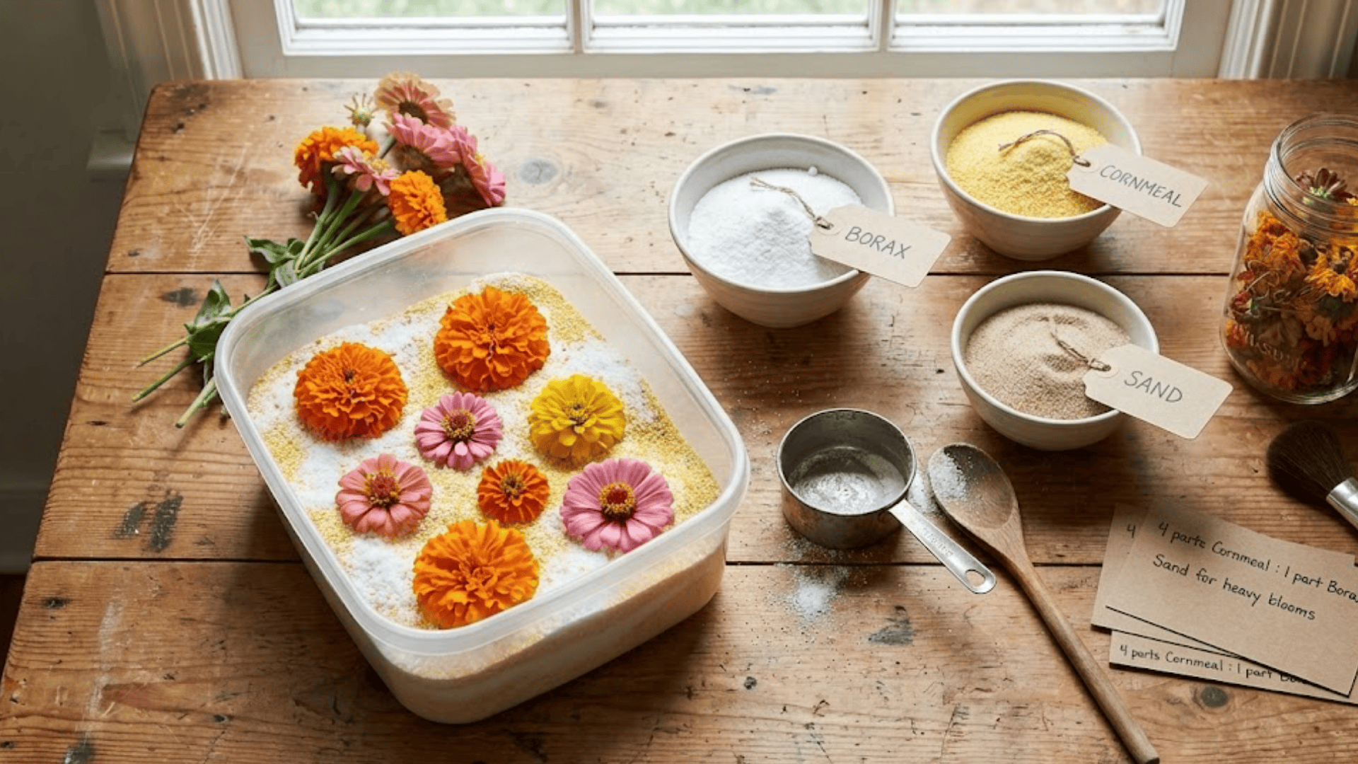 container with borax and cornmeal mixture preserving marigolds and zinnias as budget flower drying method