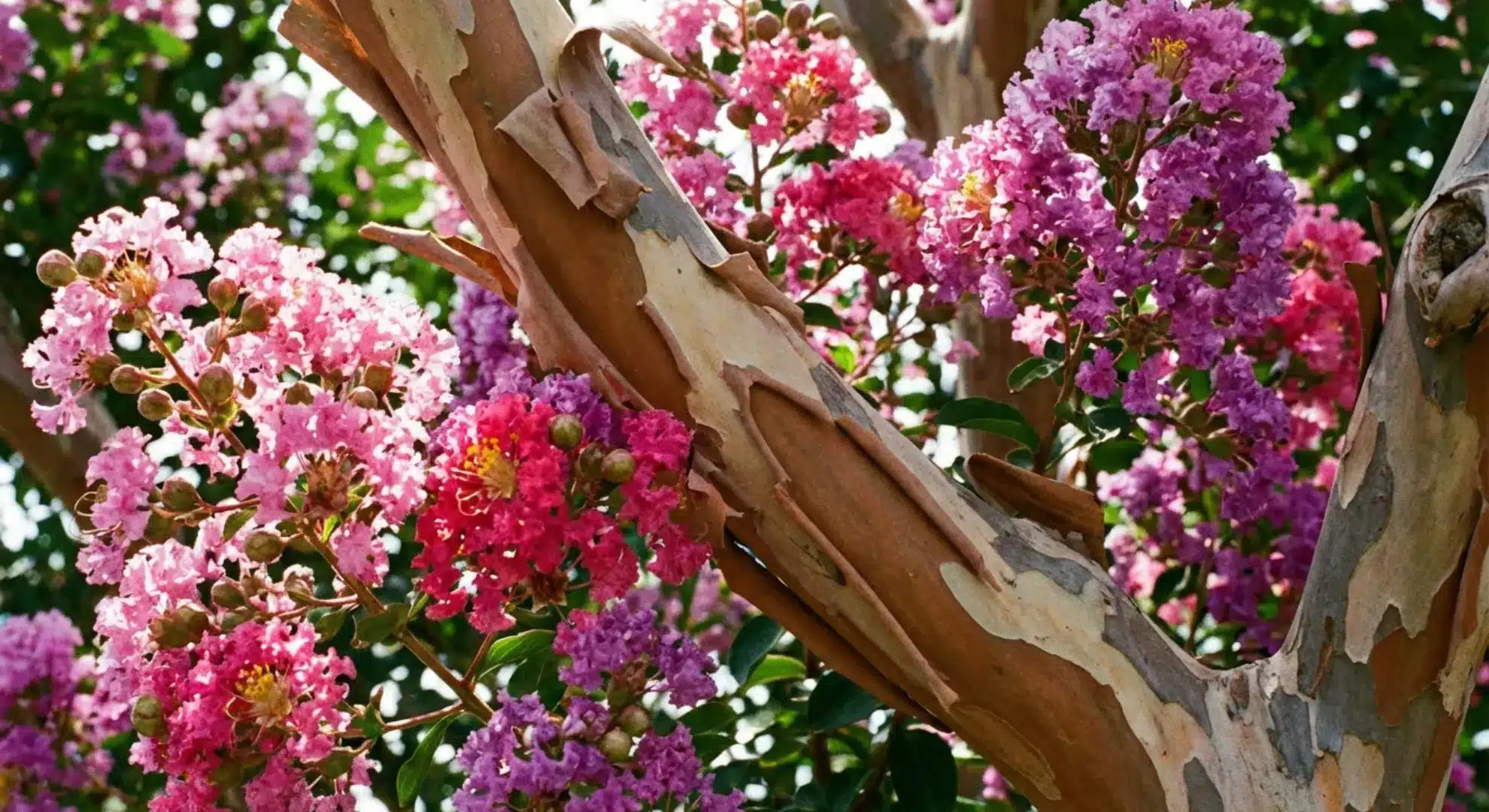 crepe myrtle branches showing colorful blooms and distinctive peeling bark