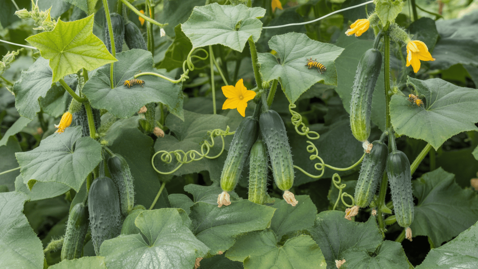 cucumber vines with palmate leaves, yellow flowers, and developing bumpy green fruits in garden setting