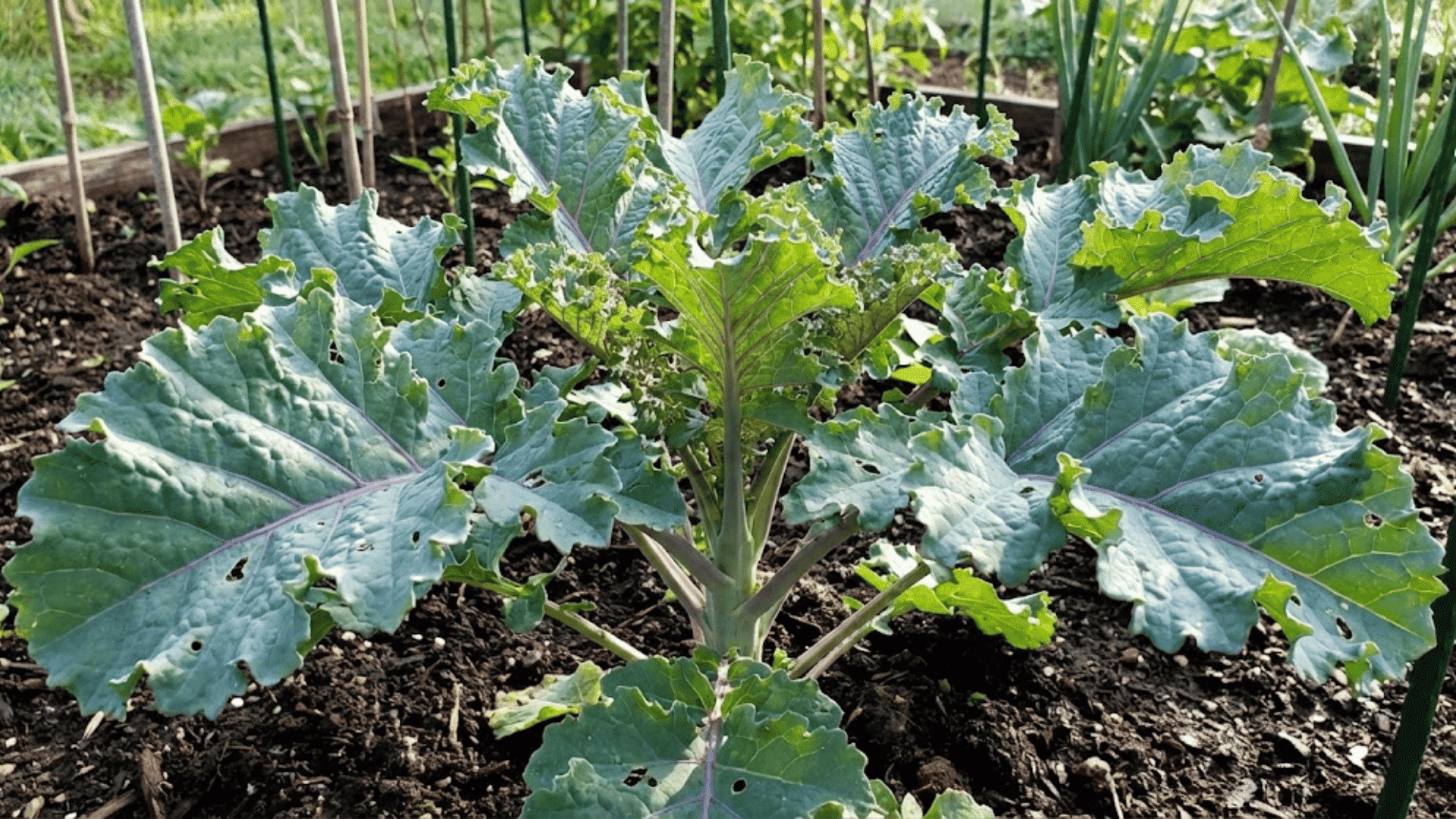 curly kale with deeply ruffled blue green leaves and thick stem in organic garden