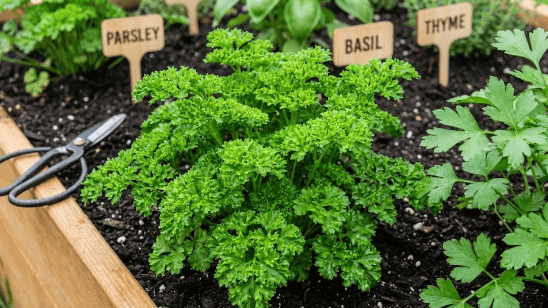 curly parsley with tightly ruffled bright green leaves forming dense rosette in garden