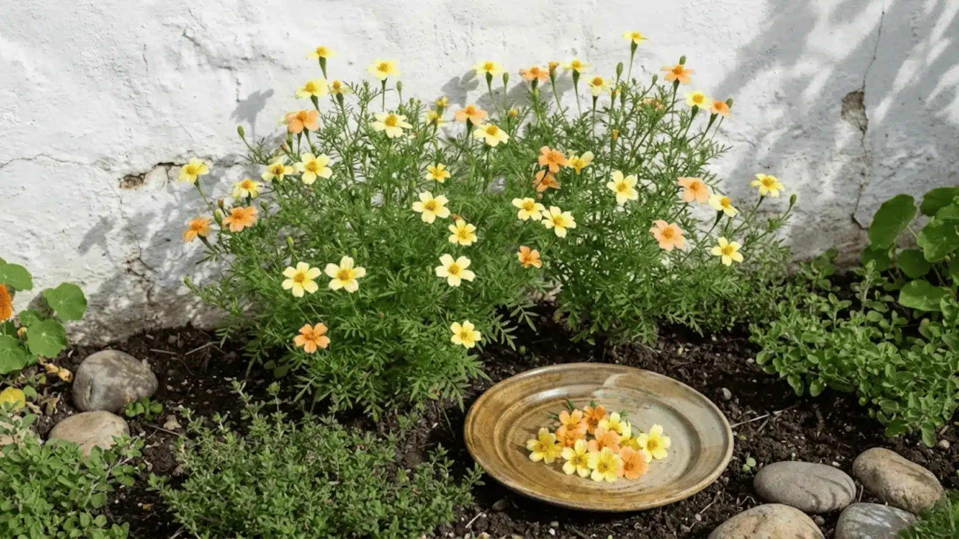 delicate signet marigolds with lacy foliage and small daisy-like blooms growing in a rustic edible cottage garden