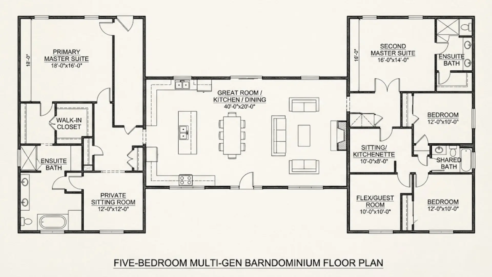 dual-wing multi-generational barndominium floor plan with two master suites, shared living core, and flex bedroom