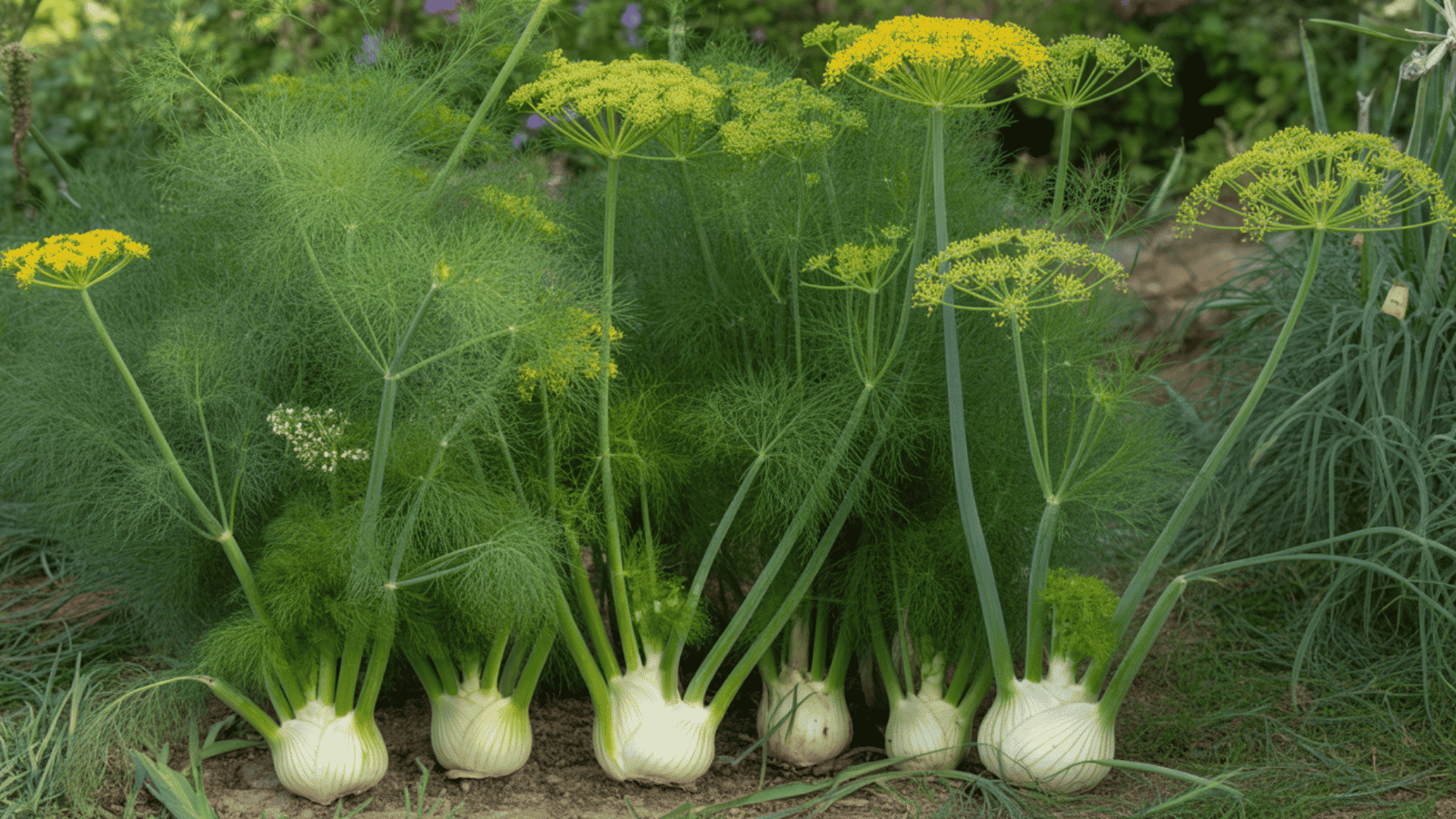 fennel plant with fine feathery foliage and yellow umbrella flowers showing allelopathic growth characteristics