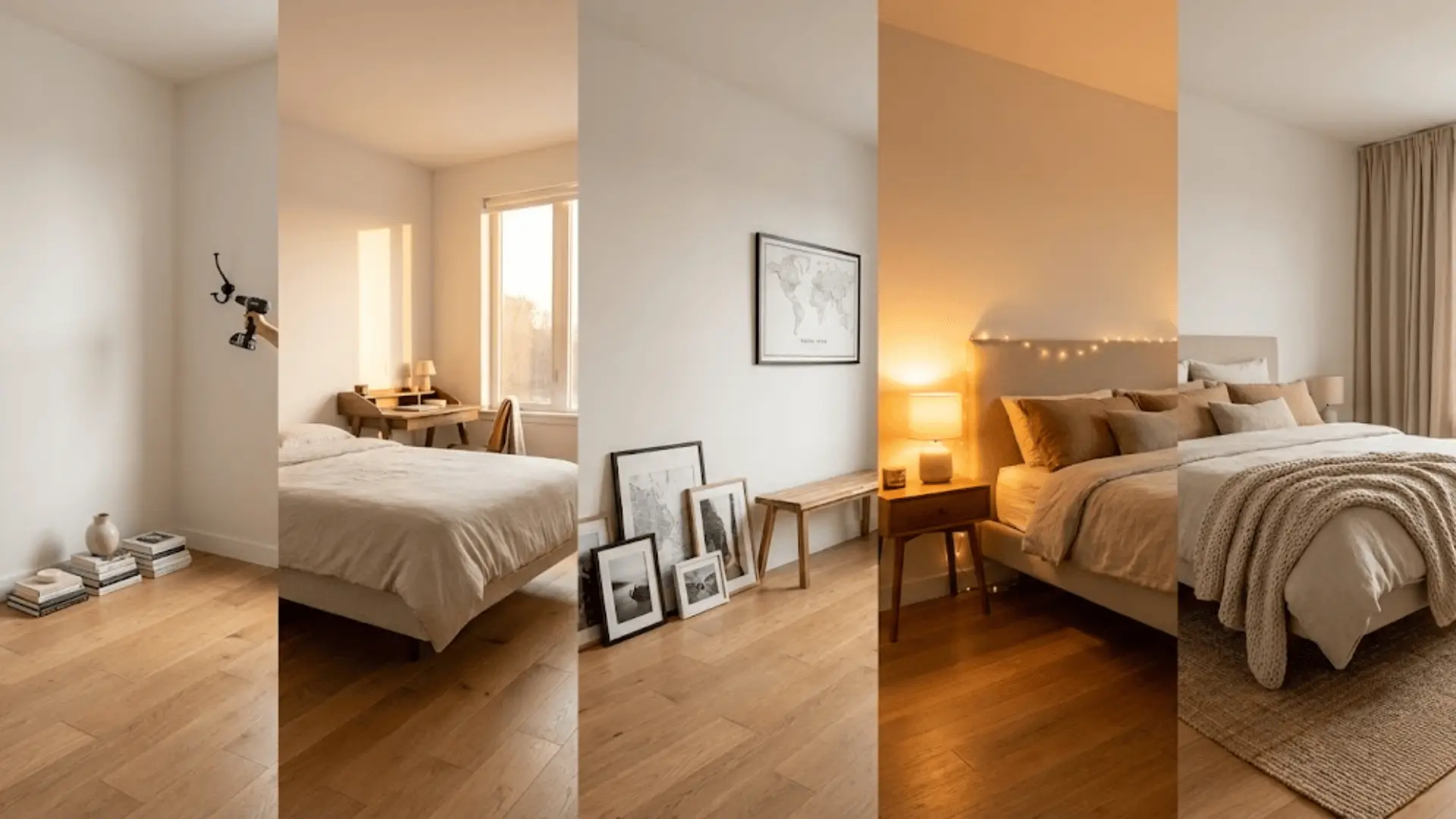 five-step bedroom decorating process showing decluttering, furniture layout, gallery wall, lighting, and textile layering