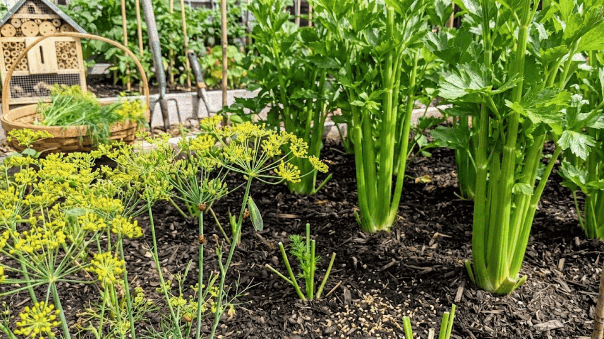 flowering dill plants attracting ladybugs and lacewings near celery for organic biological pest control method