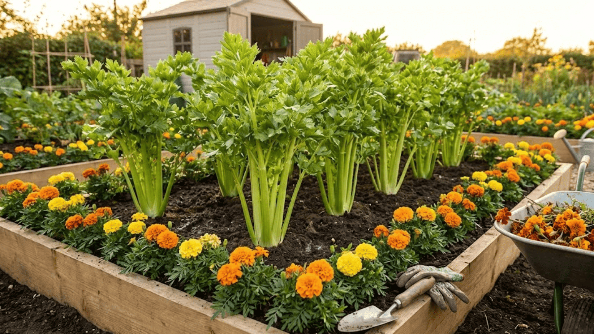 french marigold border with orange flowers surrounding celery bed for soil nematode suppression and pest control