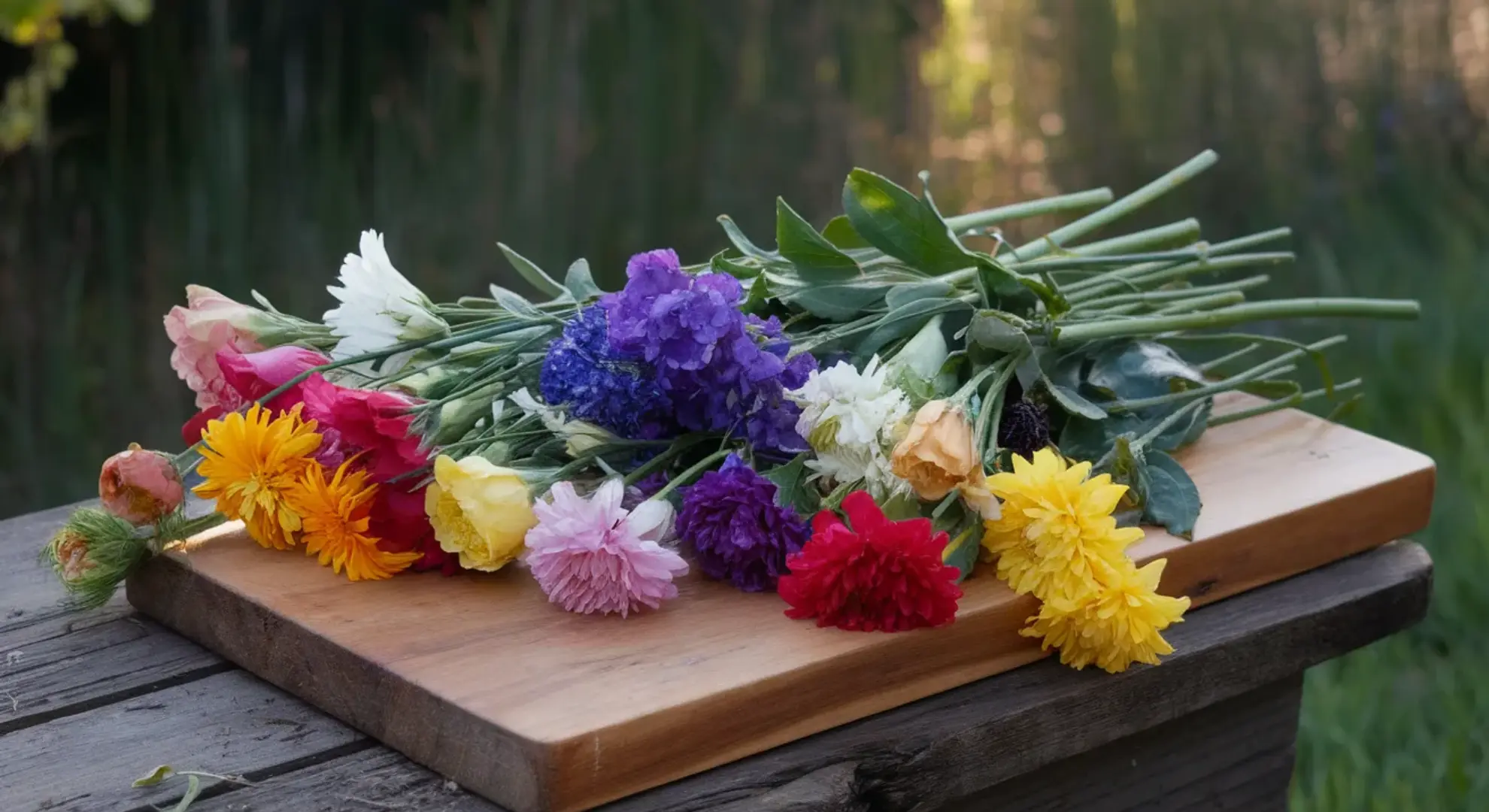 fresh cut flower stems with long stalks in assorted colors laid on garden table in morning light