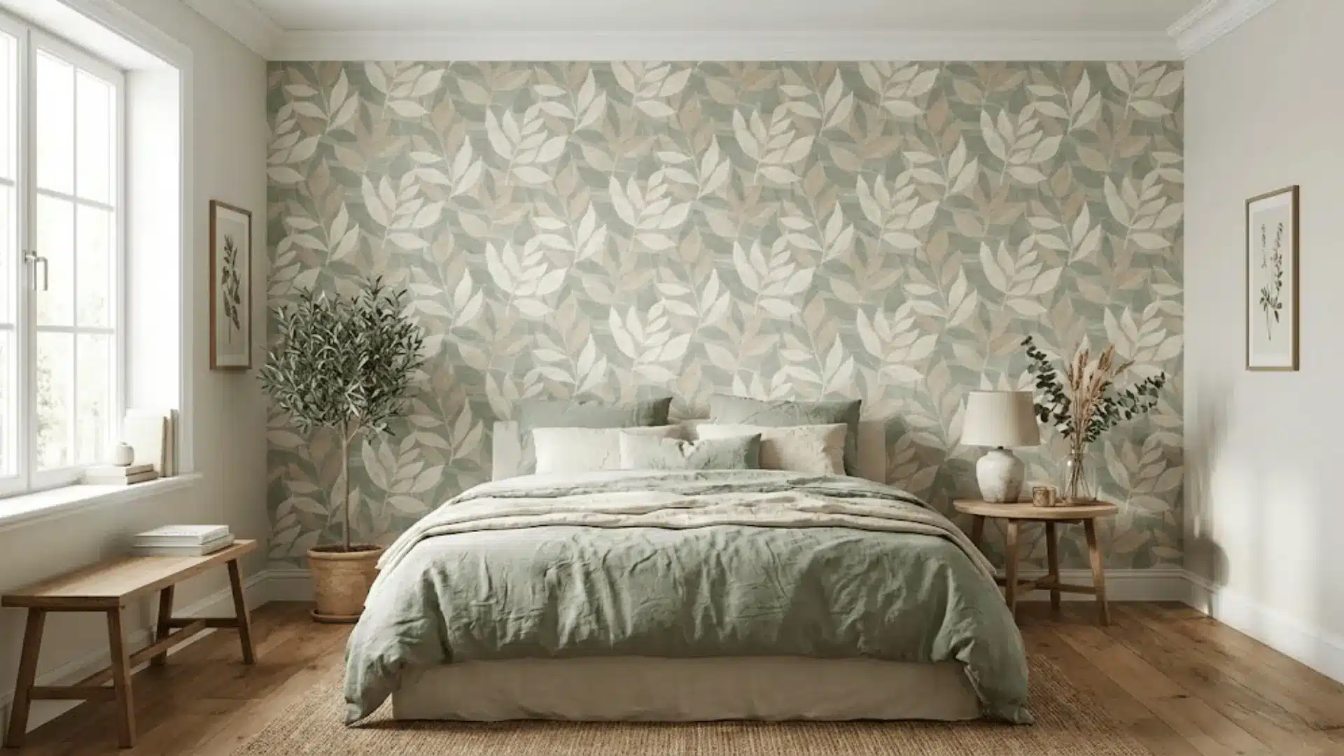freshly wallpapered textured accent wall in a bright, naturally lit bedroom with linen bedding