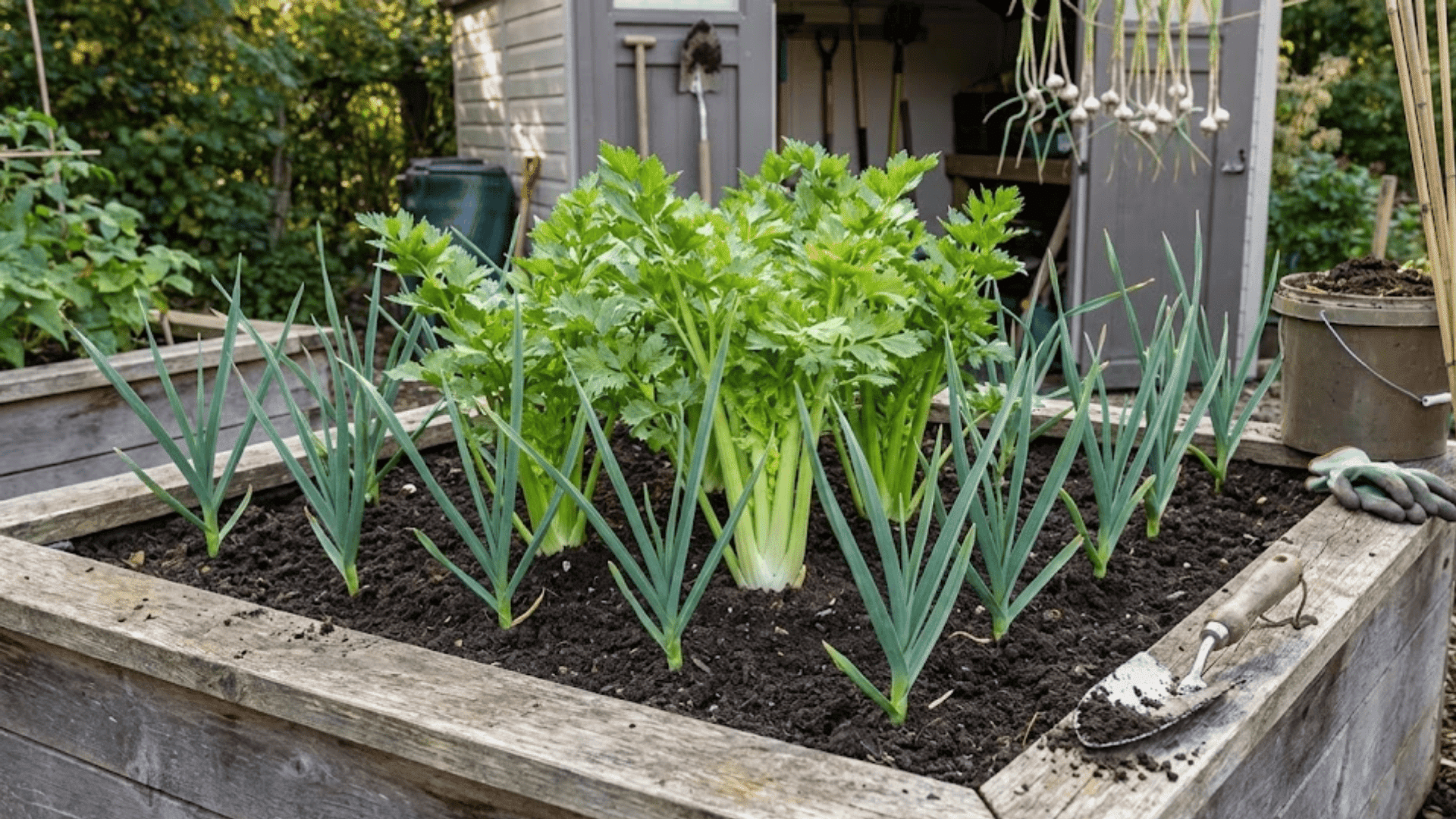 garlic cloves planted around celery stalks in raised bed for antifungal companion planting protection