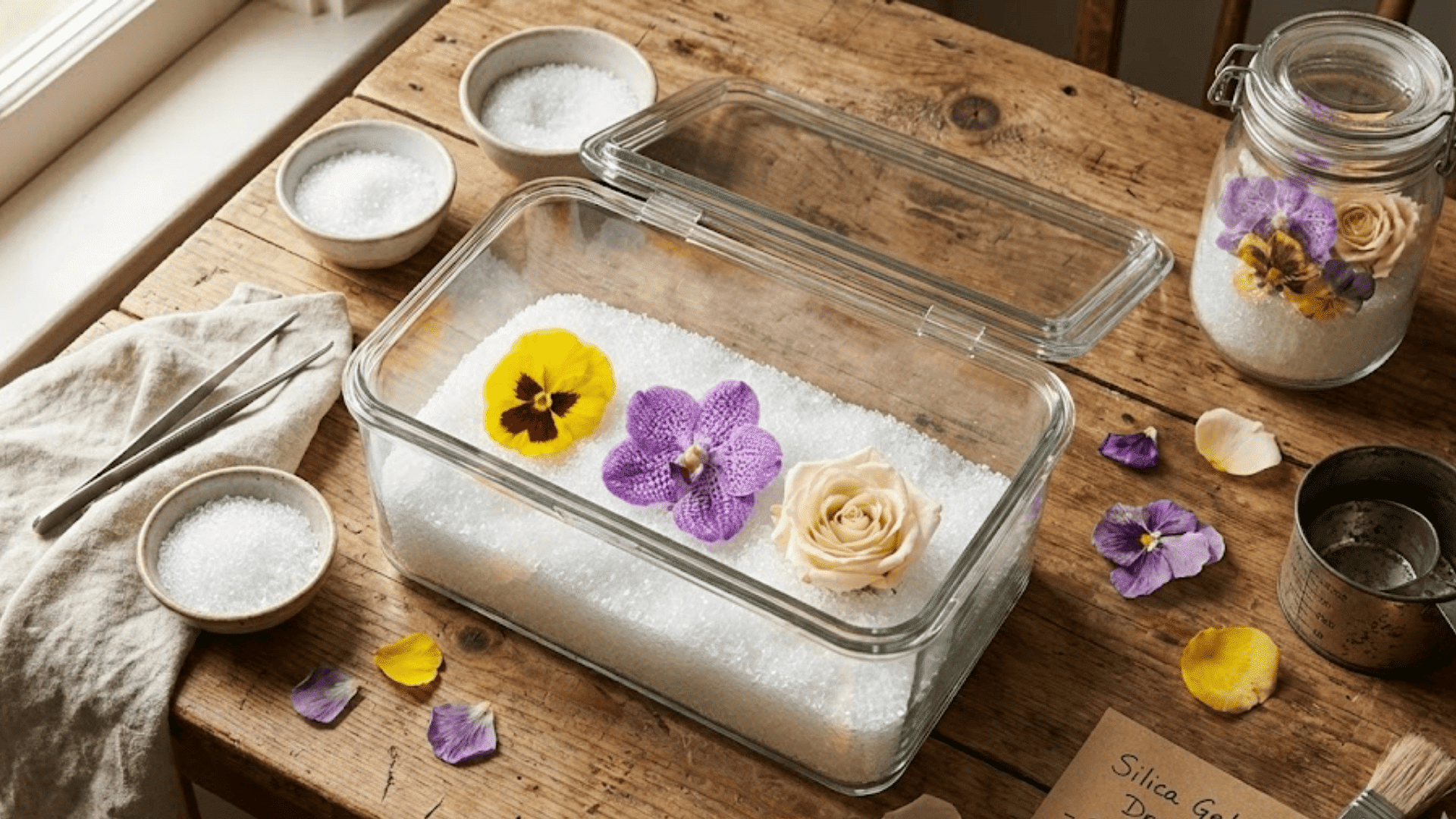 glass container filled with silica gel crystals preserving colorful flower heads for dried flower crafts