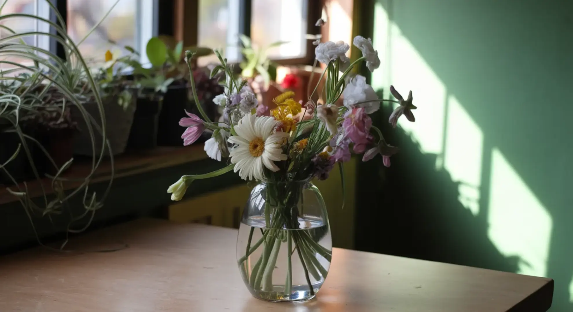 glass vase with fresh homegrown flowers arranged at mixed heights in natural window light