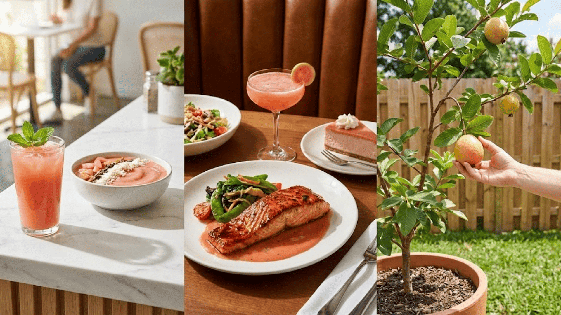 guava in modern cafe drinks, restaurant fusion dishes, and backyard garden tree growing fresh fruit