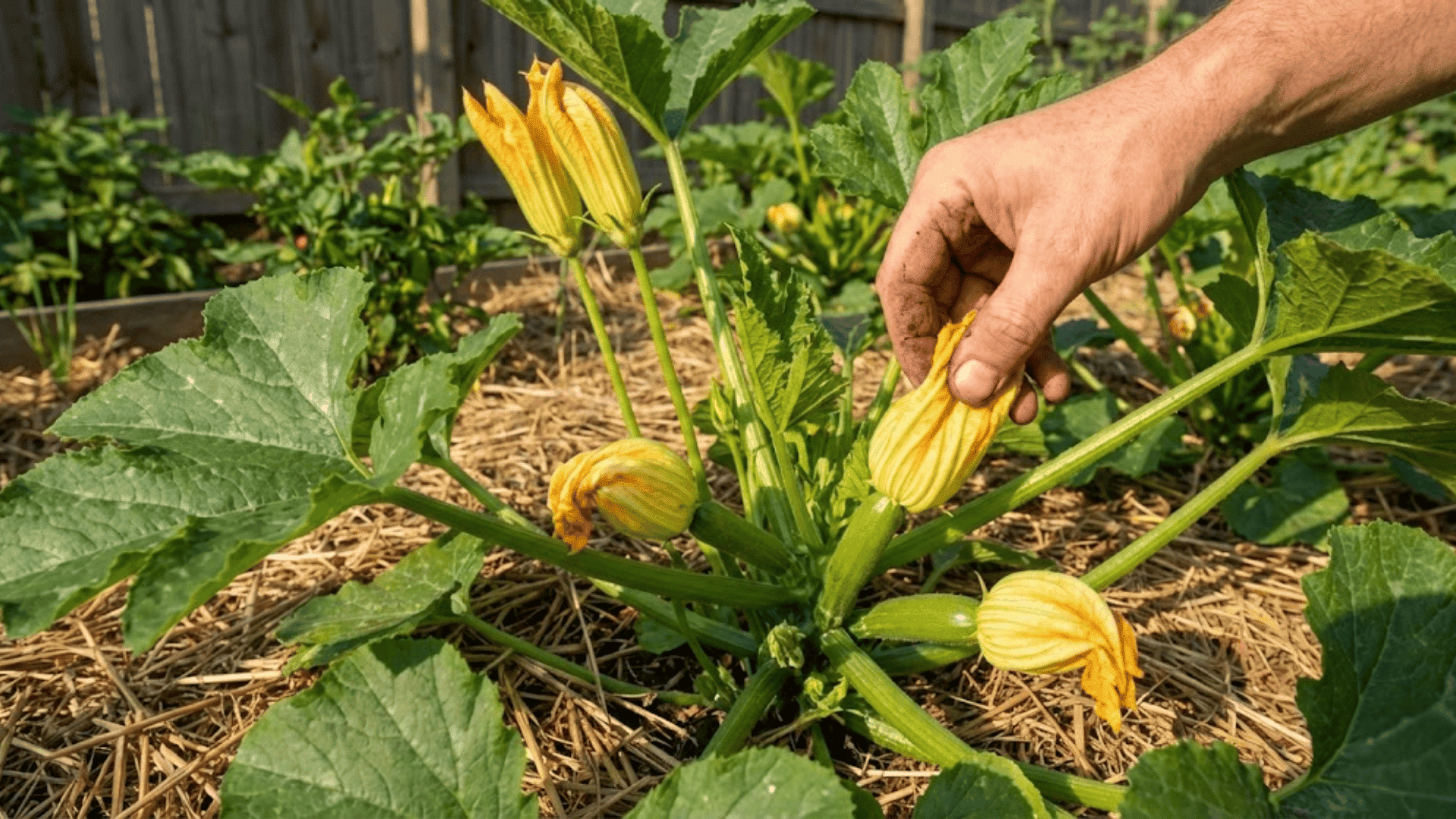 hand pollinating multiple female zucchini flowers with small fruits in morning garden
