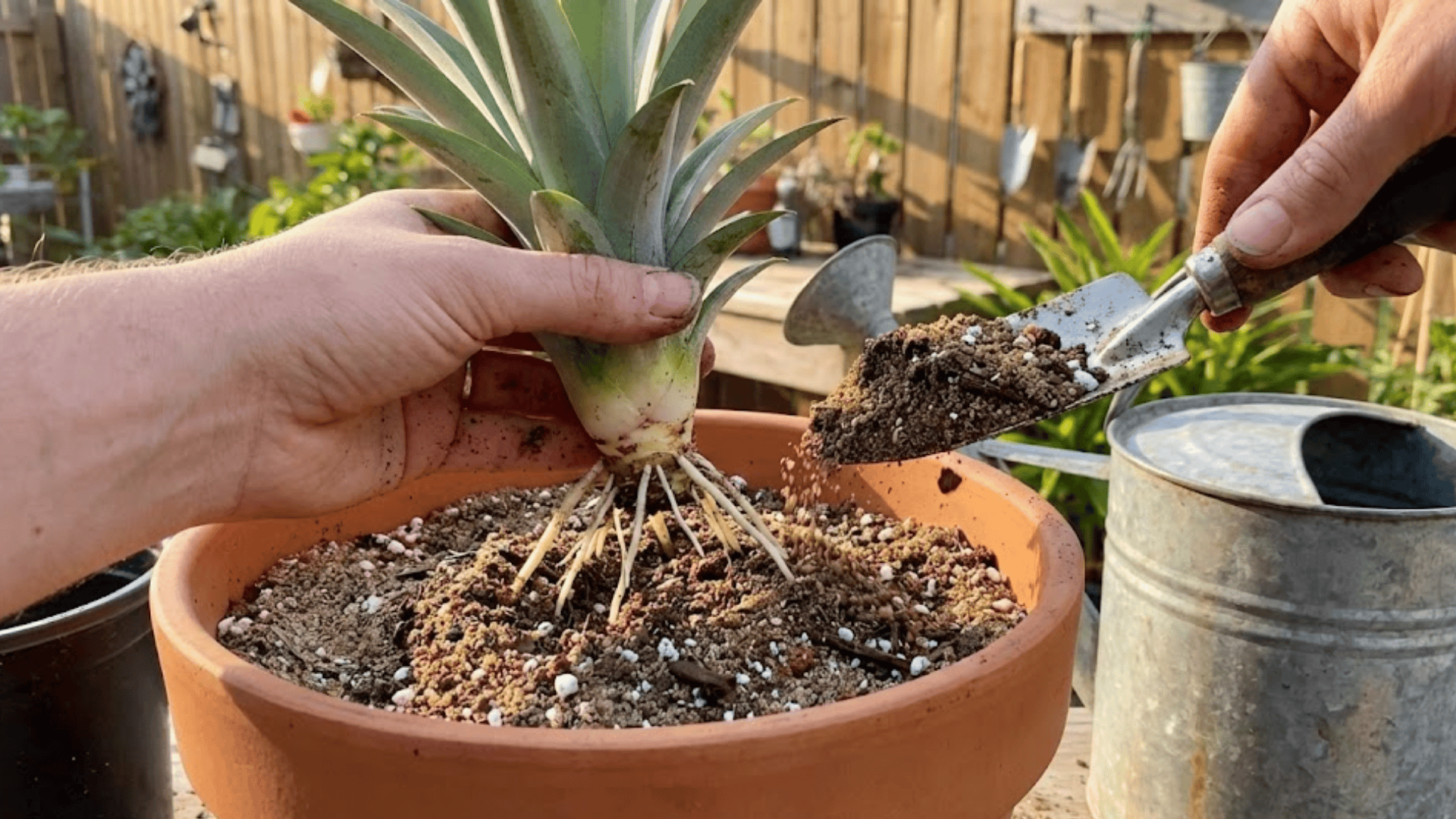 hands planting rooted pineapple crown at proper depth in terracotta pot with fresh soil