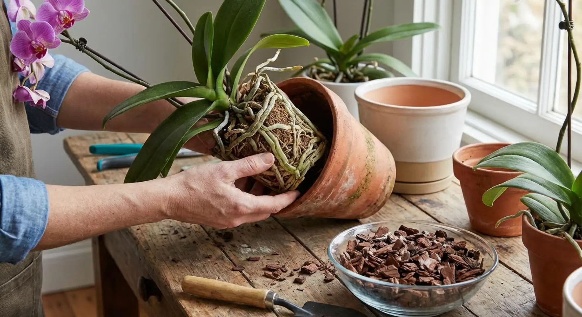 hands removing orchid from pot showing roots with fresh bark and new pot ready