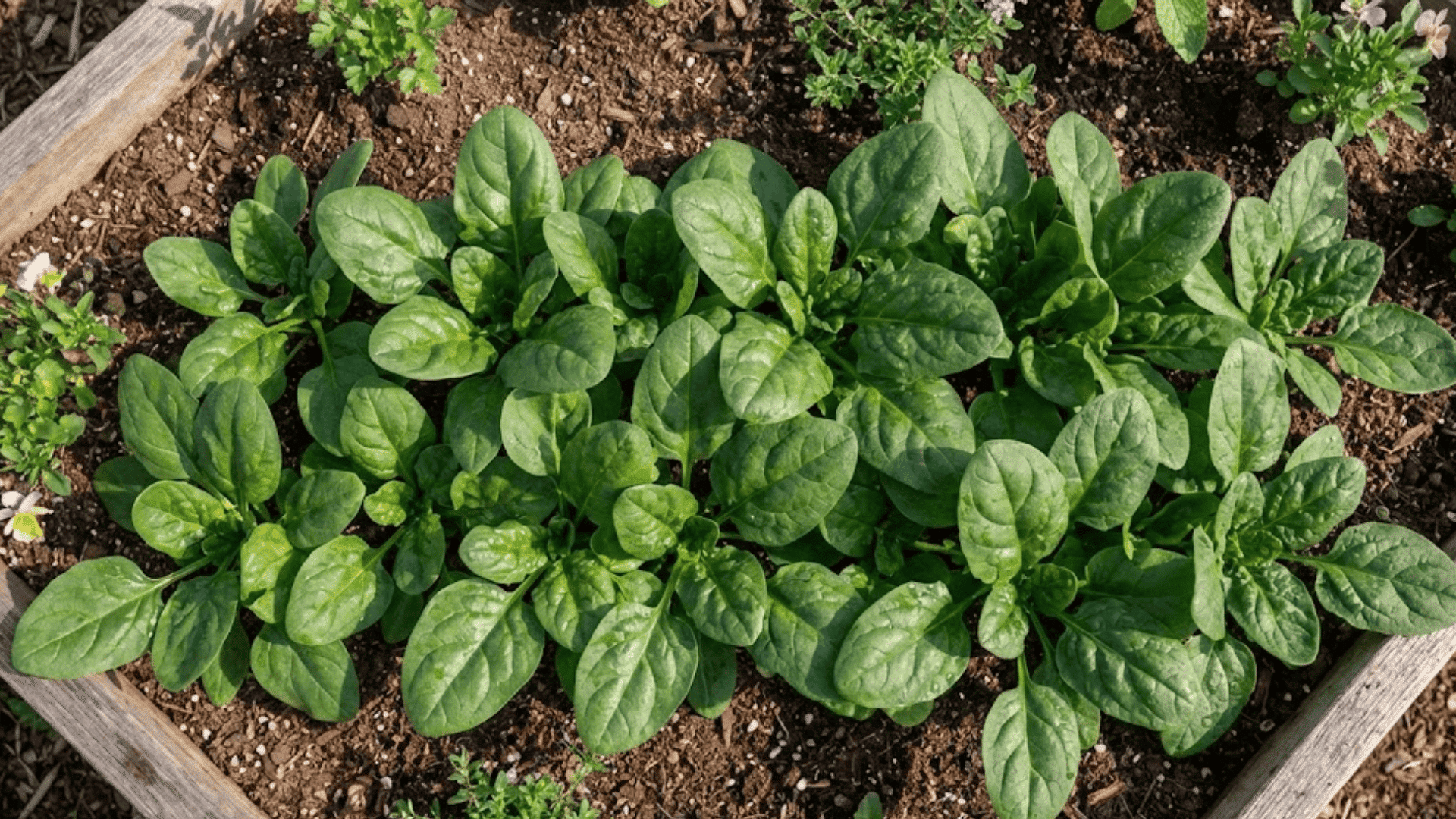 healthy dark green spinach plants with broad leaves creating ground cover in rich garden soil