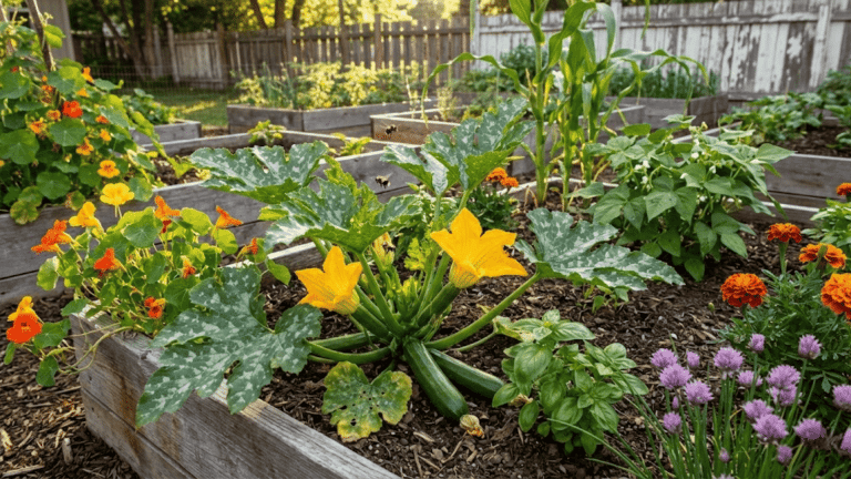 healthy zucchini plant growing with companion flowers including nasturtiums, marigolds, chives and basil in raised garden bed