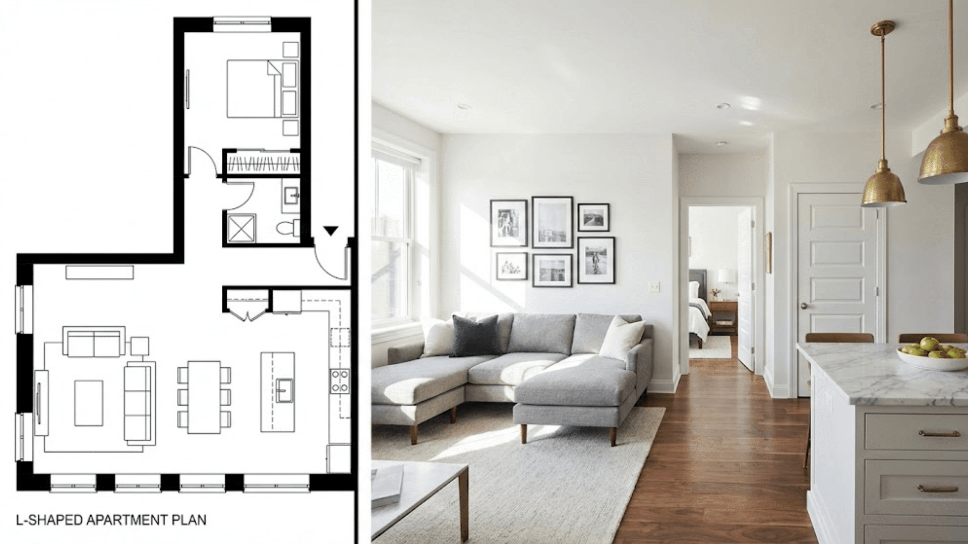l-shaped apartment floor plan beside view of living room and bedroom wing from corner