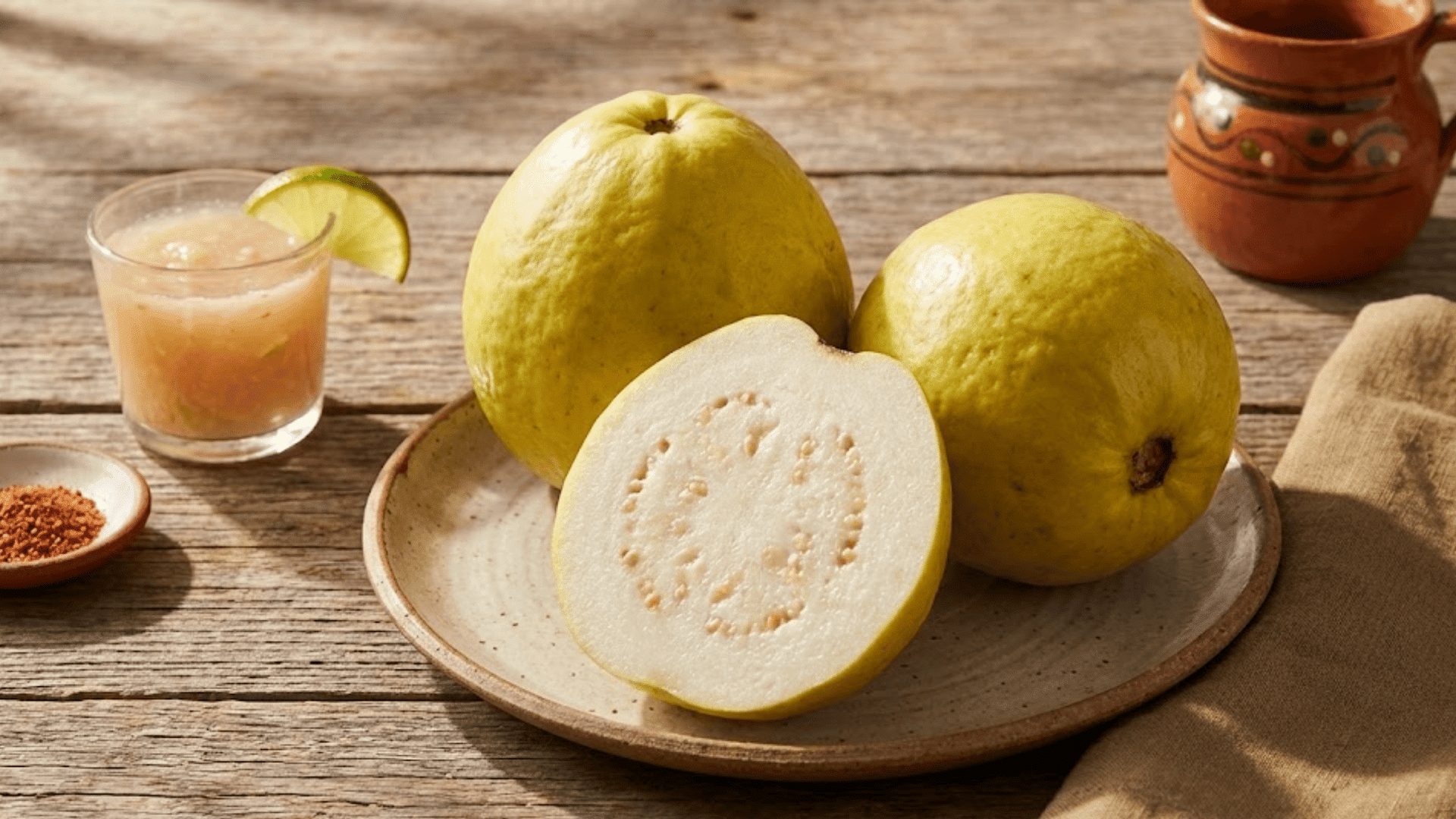 large mexican white guava sliced on ceramic plate with agua fresca and lime