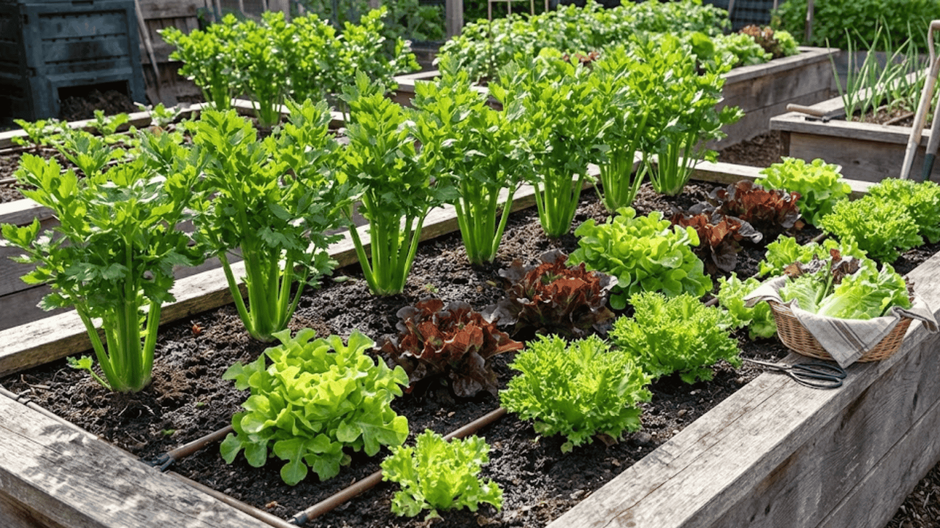 loose-leaf lettuce varieties interplanted between celery stalks for efficient garden space and moisture retention