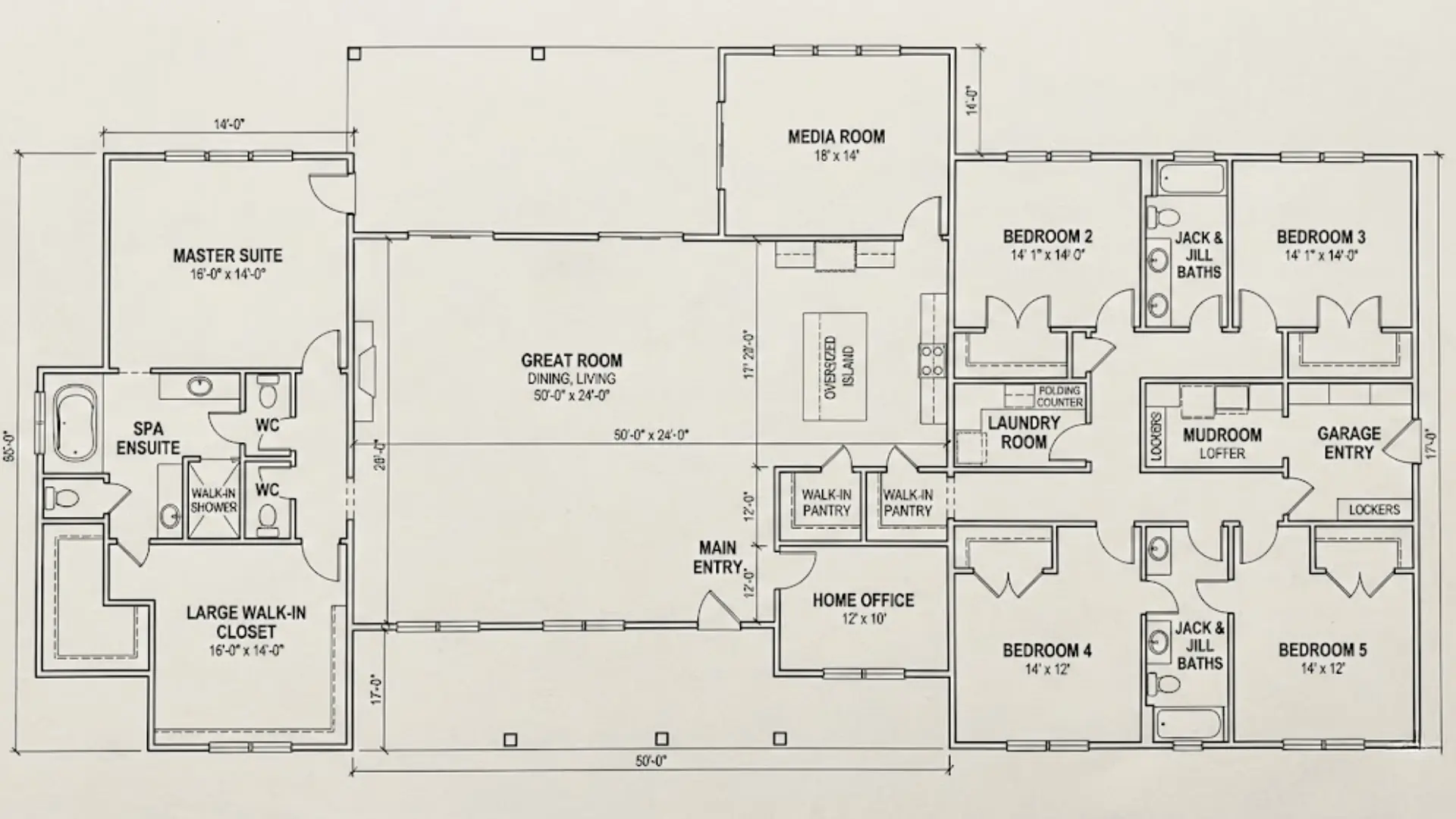 luxury 5 bedroom barndominium floor plan with home office, media room, spa master suite, and mudroom labeled