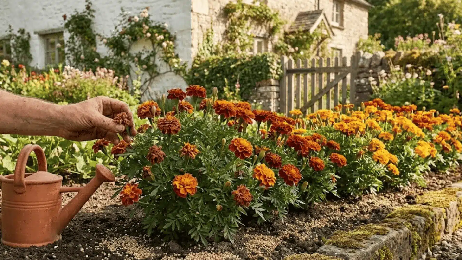 marigolds thriving in a cottage garden with deadheading watering and fertilizing captured in warm natural morning light