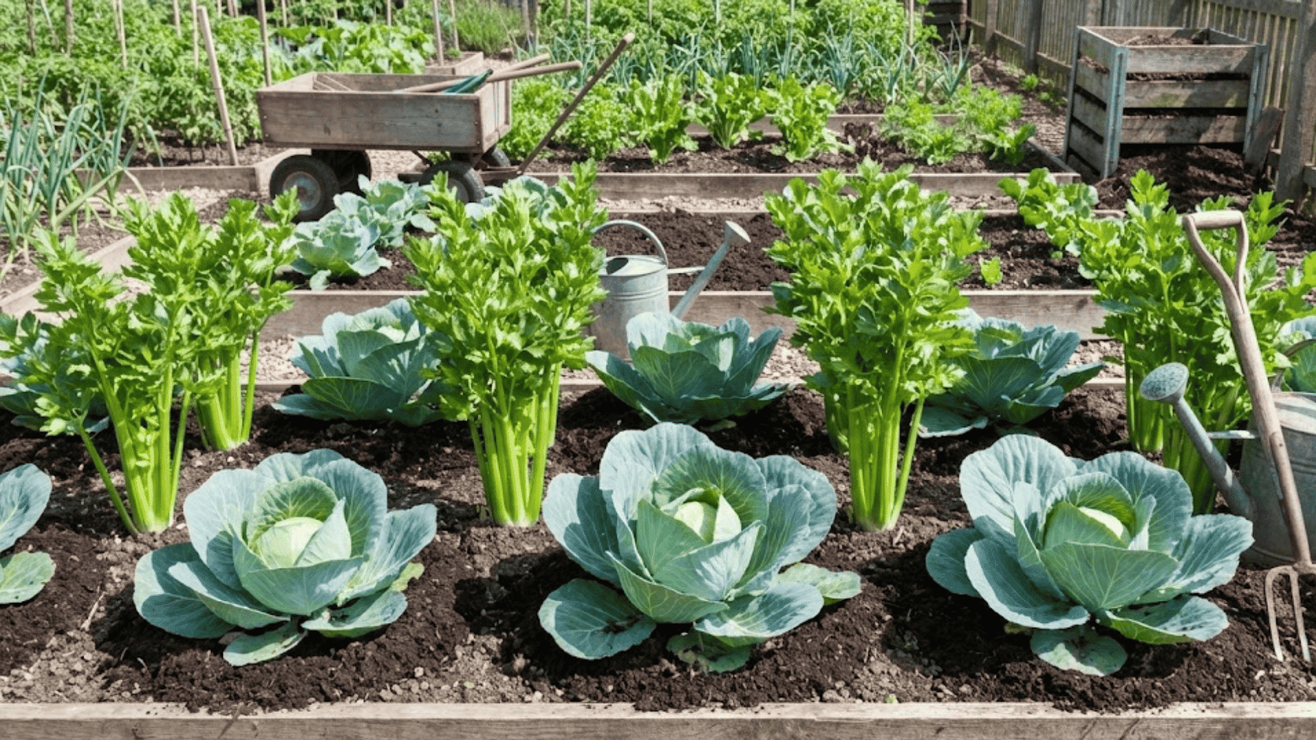 mature cabbage heads growing with celery stalks between them in classic companion planting vegetable garden