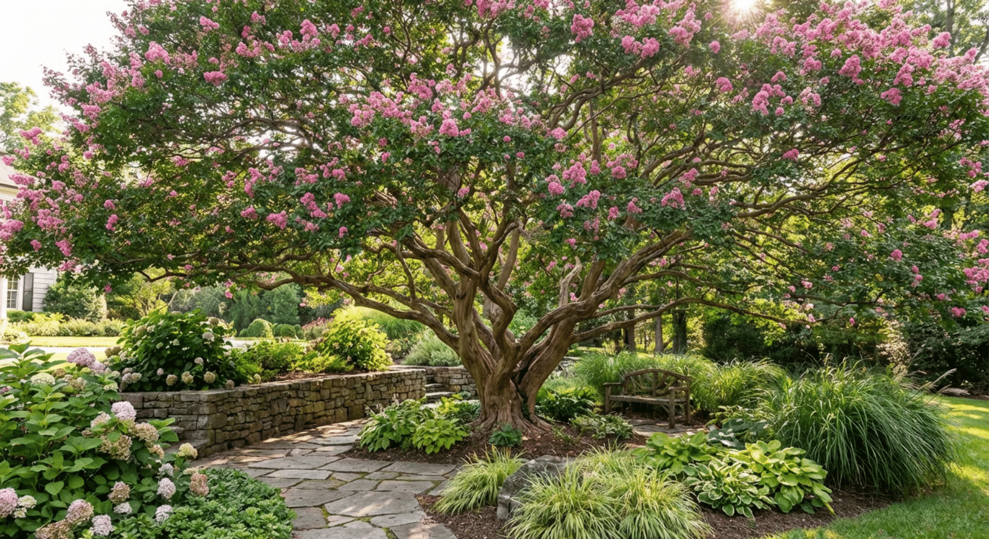 mature crepe myrtle tree with thick trunk in residential landscape
