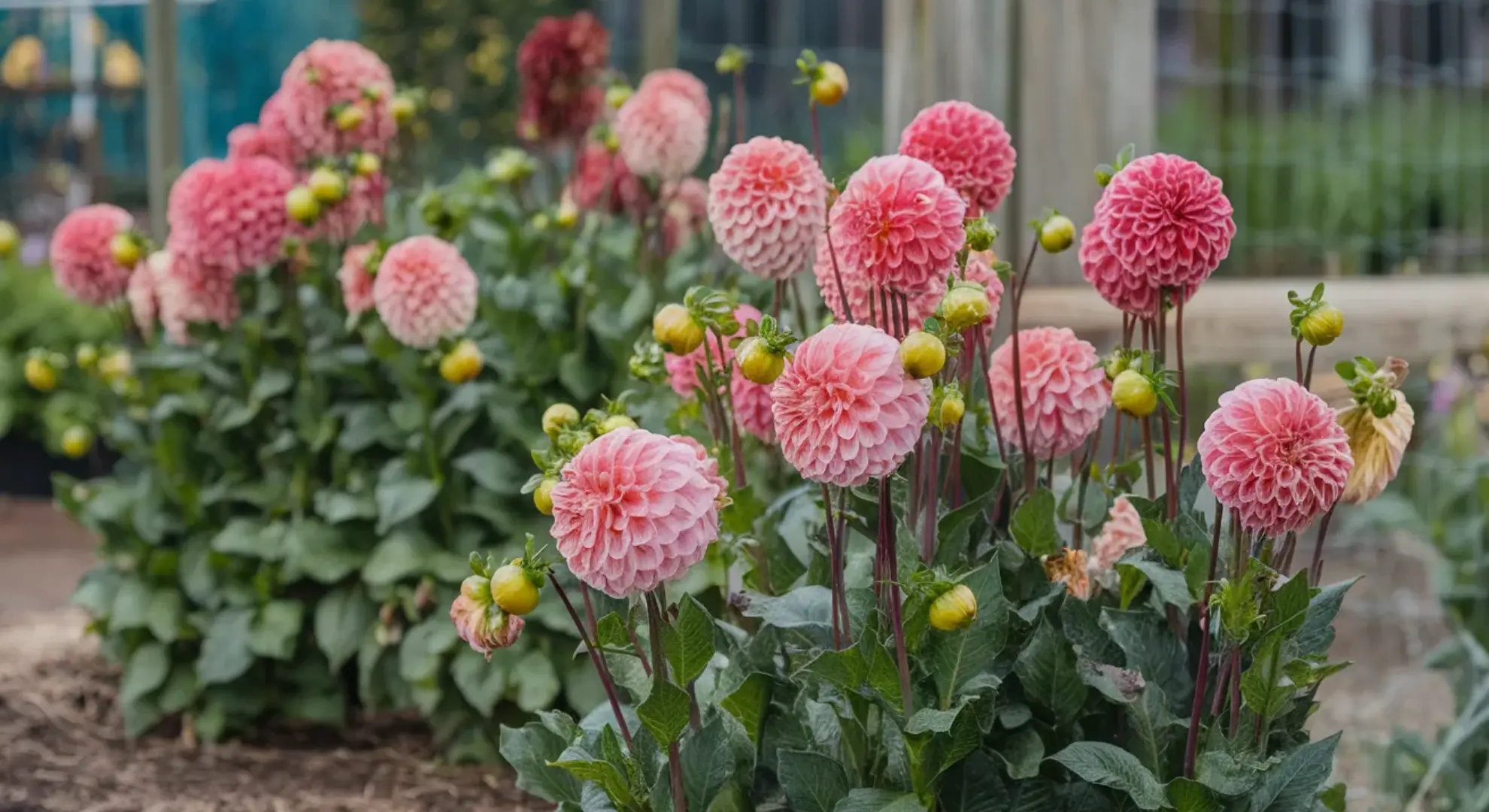 mature dahlia perennial plants with multiple colorful blooms growing in established garden bed