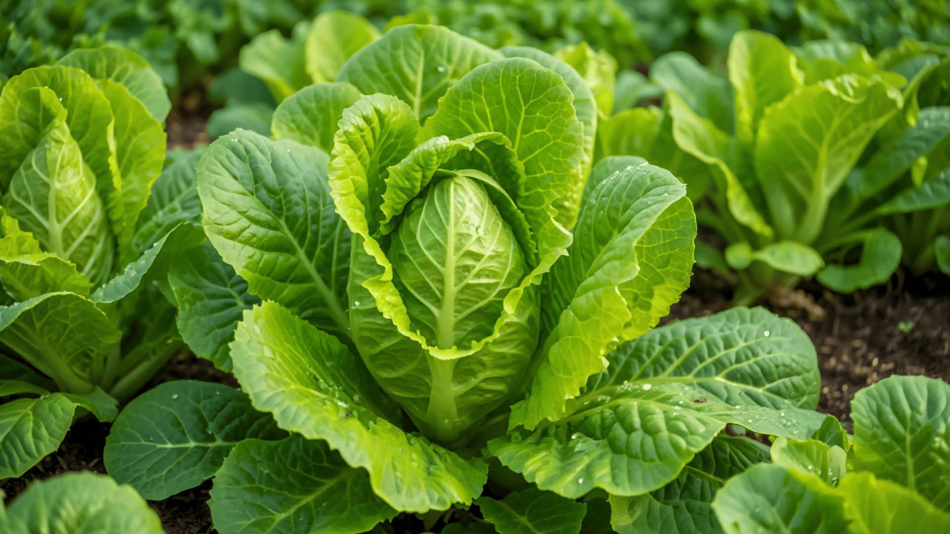 mature lettuce plants with ruffled green leaves in rosettes and water droplets on leaf surfaces