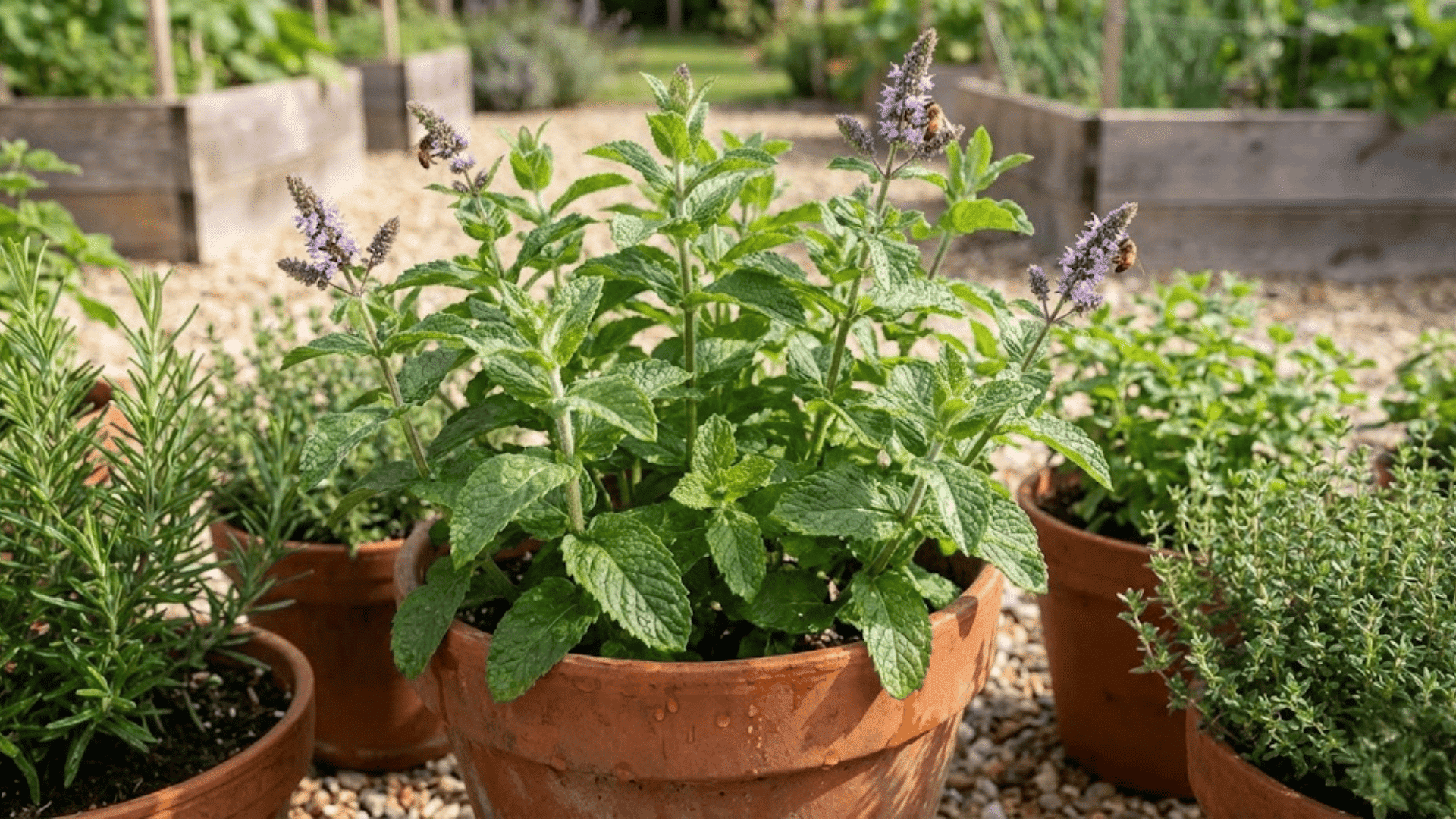 mint plant with serrated leaves and purple flower spikes in terracotta pot