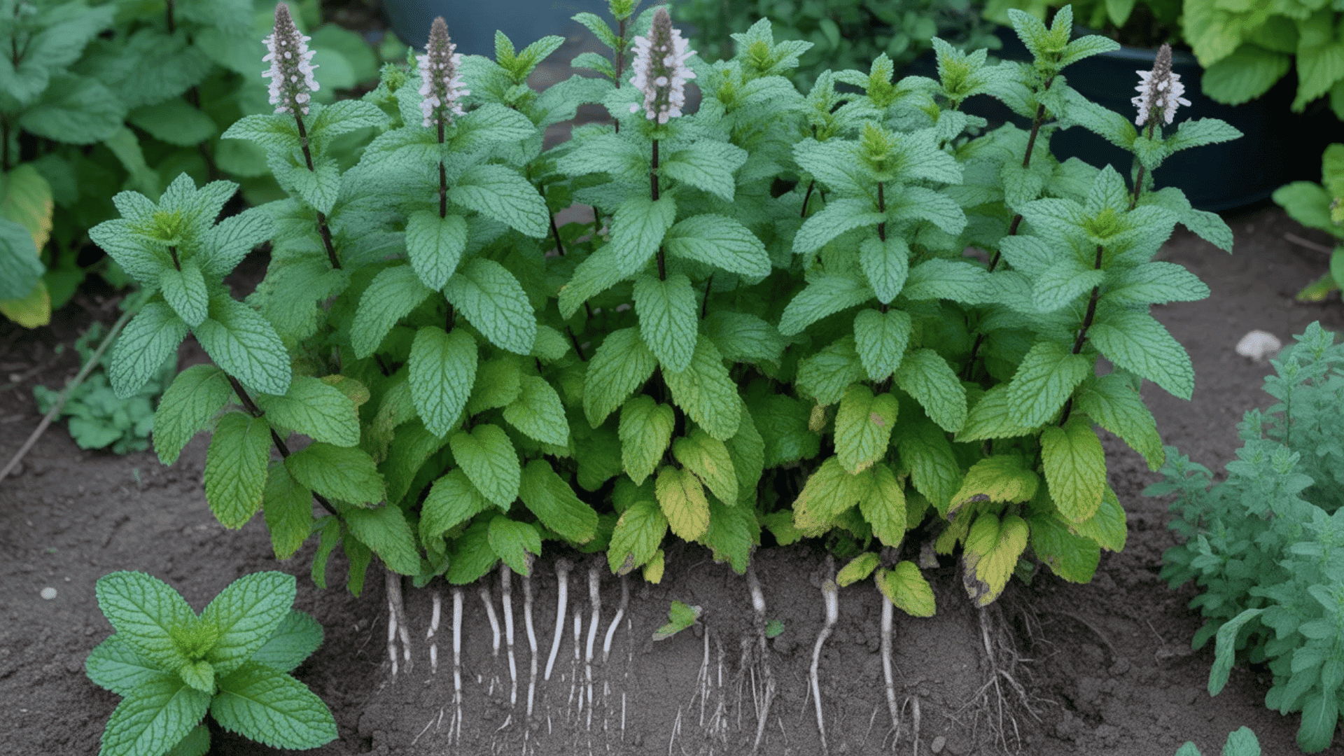 mint plants with serrated leaves and exposed underground rhizomes showing aggressive spreading growth pattern