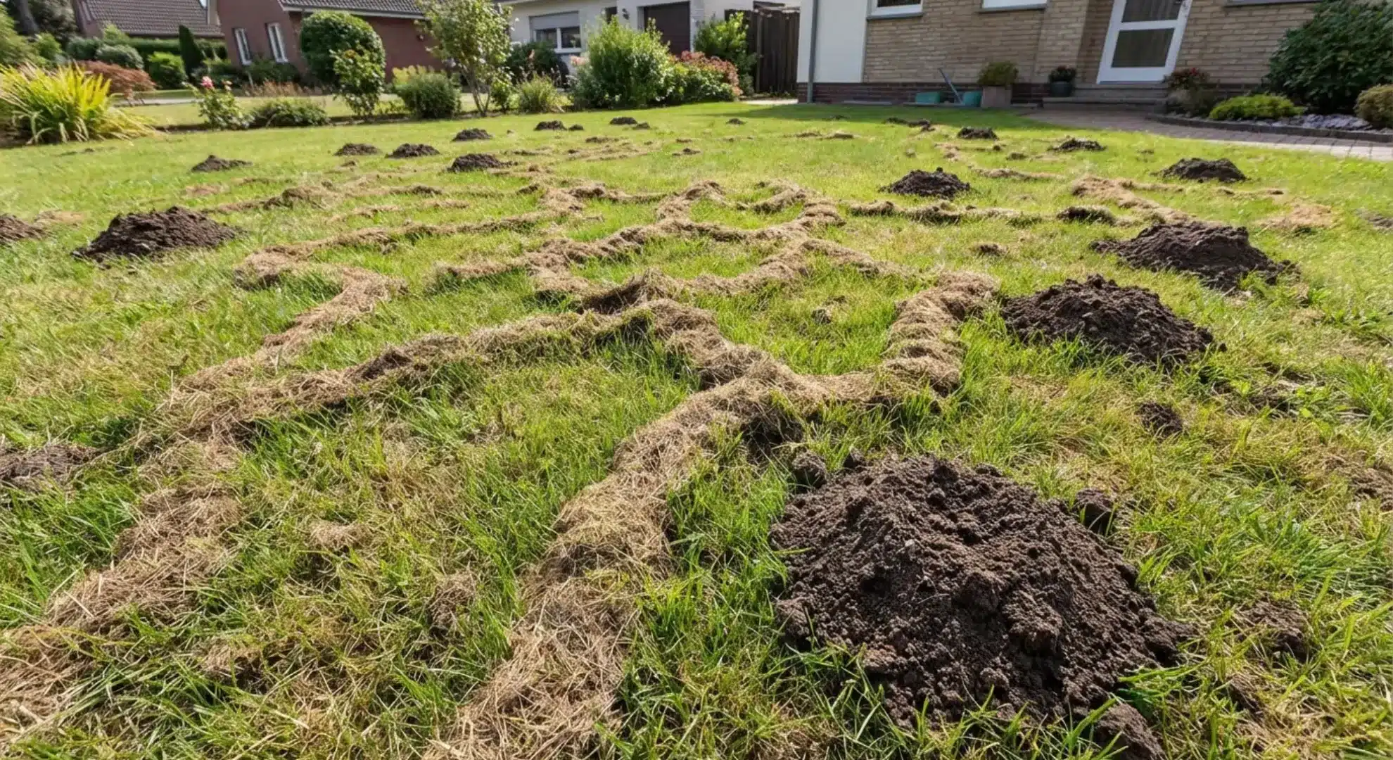 mole damage featuring raised tunnel ridges, volcano-shaped soil mounds, and dead grass patches
