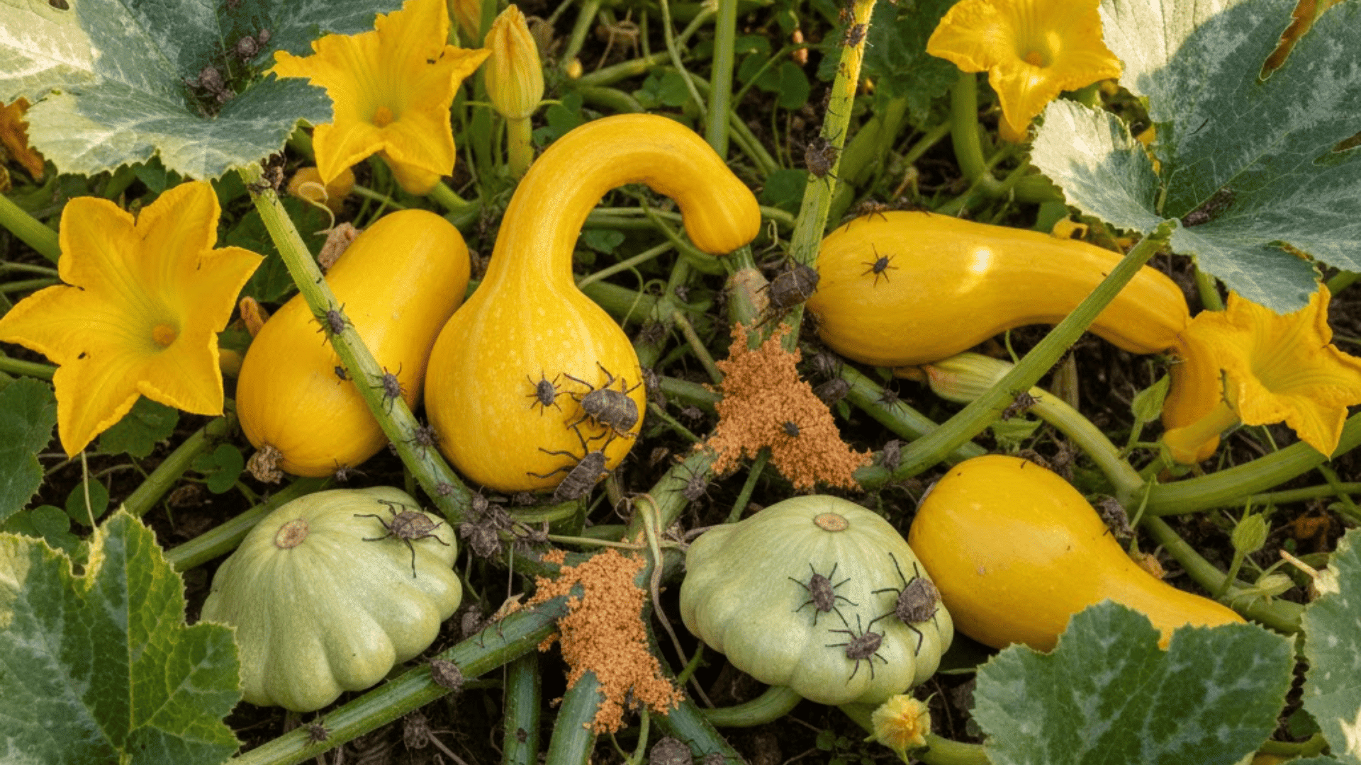 multiple summer squash varieties showing yellow crookneck and patty pan fruits with heavy squash bug infestation