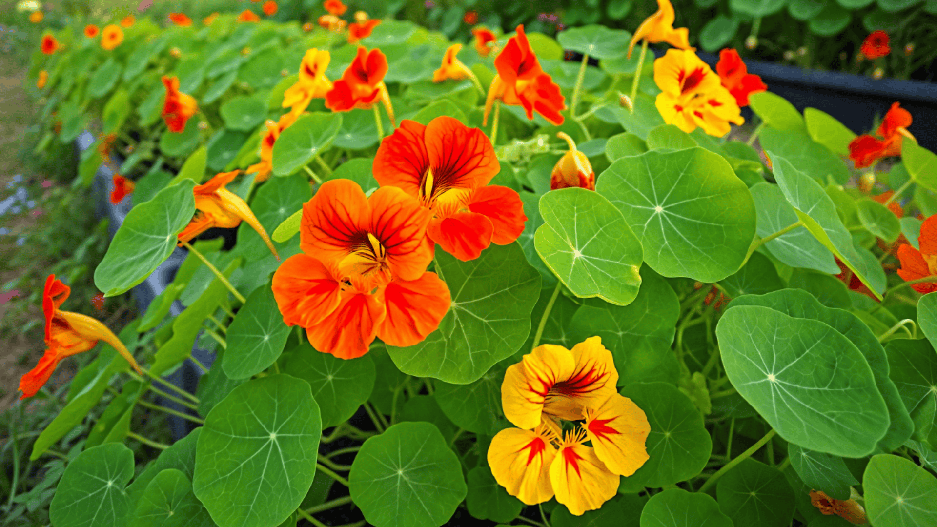 nasturtium plants with round lily pad leaves and trumpet shaped orange, red, and yellow flowers