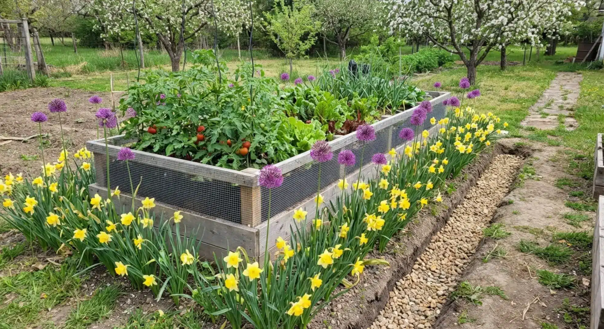 natural pest prevention using deterrent plants, gravel barriers, and raised beds in garden